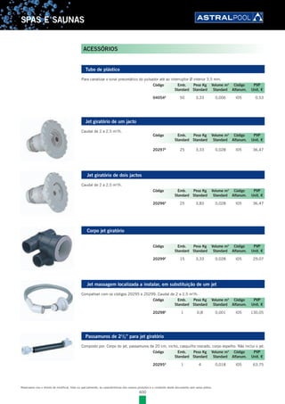 400
SPAS E SAUNAS
Tubo de plástico
Para canalizar o sinal pneumático do pulsador até ao interruptor Ø interior 3,5 mm.
04054E
50 3,33 0,006 I05 0,53
Jet giratório de um jacto
Caudal de 2 a 2,5 m3
/h.
20297E
25 3,33 0,028 I05 36,47
Jet giratório de dois jactos
Caudal de 2 a 2,5 m3
/h.
20296E
25 3,83 0,028 I05 36,47
Corpo jet giratório
20299E
15 3,33 0,028 I05 29,07
Jet massagem localizada a instalar, em substituição de um jet
Compatível com os códigos 20295 e 20299. Caudal de 2 a 2,5 m3
/h.
20298E
1 0,8 0,001 I05 130,05
Passamuros de 21
/2” para jet giratório
Composto por: Corpo do jet, passamuros de 20 cm, nicho, casquilho roscado, corpo espelho. Não inclui o jet.
20295E
1 4 0,018 I05 63,75
Código Emb. Peso Kg Volume m3
Código PVP
Standard Standard Standard Alfanum. Unit. €
Código Emb. Peso Kg Volume m3
Código PVP
Standard Standard Standard Alfanum. Unit. €
Código Emb. Peso Kg Volume m3
Código PVP
Standard Standard Standard Alfanum. Unit. €
Código Emb. Peso Kg Volume m3
Código PVP
Standard Standard Standard Alfanum. Unit. €
Código Emb. Peso Kg Volume m3
Código PVP
Standard Standard Standard Alfanum. Unit. €
Código Emb. Peso Kg Volume m3
Código PVP
Standard Standard Standard Alfanum. Unit. €
ACESSÓRIOS
Reservamo-nos o direito de modificar, total ou parcialmente, as características dos nossos produtos e o conteúdo deste documento sem aviso prévio.
 