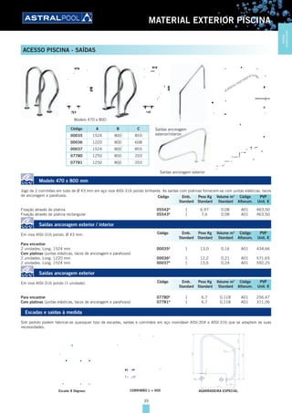 39
MATERIAL EXTERIOR PISCINA
Código A B C
00035 1524 800 855
00036 1220 800 608
00037 1524 800 855
07780 1250 800 203
07781 1250 800 203
Modelo 470 x 800 mm
Jogo de 2 corrimões em tubo de Ø 43 mm em aço inox AISI-316 polido brilhante. As saídas com platinas fornecem-se com juntas elásticas, tacos
de ancoragem e parafusos.
Fixação através de platina 05542A
1 6,97 0,08 A01 463,50
Fixação através de platina rectangular 05543A
1 7,6 0,08 A01 463,50
Saídas ancoragem exterior / interior
Em inox AISI-316 polido. Ø 43 mm.
Para encastrar
2 unidades. Long. 1524 mm 00035A
1 13,0 0,16 A01 434,66
Com platinas (juntas elásticas, tacos de ancoragem e parafusos)
2 unidades. Long. 1220 mm 00036A
1 12,2 0,21 A01 571,65
2 unidades. Long. 1524 mm 00037A
1 13,6 0,24 A01 592,25
Saídas ancoragem exterior
Em inox AISI-316 polido (1 unidade).
Para encastrar 07780A
1 6,7 0,118 A01 256,47
Com platinas (juntas elásticas, tacos de ancoragem e parafusos) 07781A
1 6,7 0,118 A01 311,06
Escadas e saídas à medida
Sob pedido podem fabricar-se quaisquer tipo de escadas, saídas e corrimãos em aço inoxidável AISI-304 e AISI-316 que se adaptem às suas
necessidades.
Escada 8 Degraus CORRIMÃO L = 900 AGARRADEIRA ESPECIAL
Código Emb. Peso Kg Volume m3
Código PVP
Standard Standard Standard Alfanum. Unit. €
Código Emb. Peso Kg Volume m3
Código PVP
Standard Standard Standard Alfanum. Unit. €
Código Emb. Peso Kg Volume m3
Código PVP
Standard Standard Standard Alfanum. Unit. €
ACESSO PISCINA - SAÍDAS
Modelo 470 x 800
Saídas ancoragem exterior
Saídas ancoragem
exterior/interior
MATERIAL
EXTERIORPISCINA
 