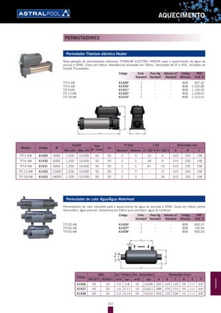 427
AQUECIMENTO
PERMUTADORES
Permutador Titanium eléctrico Heater
Nova geração de permutadores eléctricos TITANIUM ELECTRIC HEATER para o aquecimento da água da
piscina e SPAS. Corpo em titânio. Resistências blindadas em Titânio. Termostato de 0º a 45ºC. Actuador de
Caudal /Fluxoestato.
TIT-3 kW 41429A
1 - - B08 947,02
TIT-6 kW 41430A
1 - - B08 1.032,80
TIT-9 kW 41431A
1 - - B08 1.149,05
TIT-12 kW 41432A
1 - - B08 1.228,01
TIT-18 kW 41433A
1 - - B08 1.310,41
Modelo Código W
Caudal Tubo
Ø [mm]
Hz
P [bar] I [A] Dimensões mm
Min [l/h] Max [l/h] Nominal Máxima II / 220 V III / 380 V A B C
TIT-3 KW 41429 3000 1.200 10.000 50 50 2 3 14 4 410 235 158
TIT-6 KW 41430 6000 1.200 10.000 50 50 2 3 28 9 410 235 158
TIT-9 KW 41431 9000 1.200 10.000 50 50 2 3 41 13 410 235 158
TIT-12 KW 41432 12000 1.200 10.000 50 50 2 3 - 17 410 235 158
TIT-18 KW 41433 18000 1.200 10.000 50 50 2 3 - 26 410 235 158
Permutador de calor Água/Água Waterheat
Permutadores de calor tubulares para o aquecimento de água de piscinas e SPAS. Corpo em titânio polido
(secundário, água piscina). Serpentina em titânio puro (primário, água de caldeira).
TIT-20 kW 41426A
1 - - B08 600,37
TIT-40 kW 41427A
1 - - B08 740,46
TIT-60 kW 41428A
1 - - B08 900,56
Código
[kW] Circ. Primário Circ. Secundário Dimensões [mm]
90/70°C 60/40°C m3
/h bar m3
/h bar A B C D E F
41426 20 10 1,6 0,8 10 0,008 293 129 120 55 11
/2" 3/4"
41427 40 20 1,6 0,17 15 0,0011 388 129 215 55 11
/2" 3/4"
41428 60 30 2,5 0,14 20 0,014 509 129 336 55 11
/2" 3/4"
Código Emb. Peso Kg Volume m3
Código PVP
Standard Standard Standard Alfanum. Unit. €
Código Emb. Peso Kg Volume m3
Código PVP
Standard Standard Standard Alfanum. Unit. €
AQUECIMENTO
 