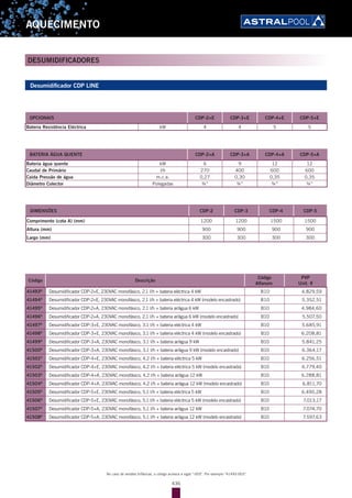 436
AQUECIMENTO
Desumidificador CDP LINE
OPCIONAIS CDP-2+E CDP-3+E CDP-4+E CDP-5+E
Bateria Resistência Eléctrica kW 4 4 5 5
BATERIA ÁGUA QUENTE CDP-2+A CDP-3+A CDP-4+A CDP-5+A
Bateria água quente kW 6 9 12 12
Caudal de Primário l/h 270 400 600 600
Caída Pressão de água m.c.a. 0,27 0,30 0,35 0,35
Diâmetro Colector Polegadas ¾” ¾” ¾” ¾”
DIMENSÕES CDP-2 CDP-3 CDP-4 CDP-5
Comprimento (cota A) (mm) 1200 1200 1500 1500
Altura (mm) 900 900 900 900
Largo (mm) 300 300 300 300
Código Descrição
Código
Alfanum.
PVP
Unit. €
41493D
Desumidificador CDP-2+E, 230VAC monofásico, 2.1 l/h + bateria eléctrica 4 kW B10 4.829,59
41494D
Desumidificador CDP-2+E, 230VAC monofásico, 2.1 l/h + bateria eléctrica 4 kW (modelo encastrado) B10 5.352,51
41495D
Desumidificador CDP-2+A, 230VAC monofásico, 2.1 l/h + bateria ar/água 6 kW B10 4.984,60
41496D
Desumidificador CDP-2+A, 230VAC monofásico, 2.1 l/h + bateria ar/água 6 kW (modelo encastrado) B10 5.507,50
41497D
Desumidificador CDP-3+E, 230VAC monofásico, 3.1 l/h + bateria eléctrica 4 kW B10 5.685,91
41498D
Desumidificador CDP-3+E, 230VAC monofásico, 3.1 l/h + bateria eléctrica 4 kW (modelo encastrado) B10 6.208,81
41499D
Desumidificador CDP-3+A, 230VAC monofásico, 3.1 l/h + bateria ar/água 9 kW B10 5.841,25
41500D
Desumidificador CDP-3+A, 230VAC monofásico, 3.1 l/h + bateria ar/água 9 kW (modelo encastrado) B10 6.364,17
41501D
Desumidificador CDP-4+E, 230VAC monofásico, 4.2 l/h + bateria eléctrica 5 kW B10 6.256,51
41502D
Desumidificador CDP-4+E, 230VAC monofásico, 4.2 l/h + bateria eléctrica 5 kW (modelo encastrado) B10 6.779,40
41503D
Desumidificador CDP-4+A, 230VAC monofásico, 4.2 l/h + bateria ar/água 12 kW B10 6.288,81
41504D
Desumidificador CDP-4+A, 230VAC monofásico, 4.2 l/h + bateria ar/água 12 kW (modelo encastrado) B10 6.811,70
41505D
Desumidificador CDP-5+E, 230VAC monofásico, 5.1 l/h + bateria eléctrica 5 kW B10 6.490,28
41506D
Desumidificador CDP-5+E, 230VAC monofásico, 5.1 l/h + bateria eléctrica 5 kW (modelo encastrado) B10 7.013,17
41507D
Desumidificador CDP-5+A, 230VAC monofásico, 5.1 l/h + bateria ar/água 12 kW B10 7.074,70
41508D
Desumidificador CDP-5+A, 230VAC monofásico, 5.1 l/h + bateria ar/água 12 kW (modelo encastrado) B10 7.597,63
DESUMIDIFICADORES
No caso de versões trifásicas, o código acresce a sigla "-003". Por exemplo "41493-003".
 