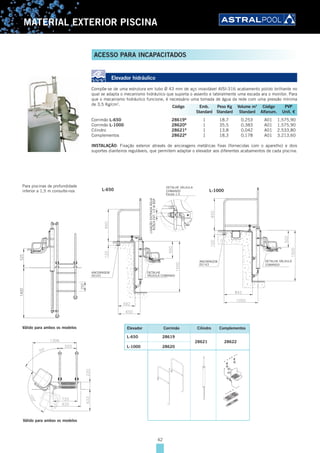 42
MATERIAL EXTERIOR PISCINA
Elevador hidráulico
Compõe-se de uma estrutura em tubo Ø 43 mm de aço inoxidável AISI-316 acabamento polido brilhante no
qual se adapta o mecanismo hidráulico que suporta o assento e lateralmente uma escada ara o monitor. Para
que o mecanismo hidráulico funcione, é necessário uma tomada de água da rede com uma pressão mínima
de 3,5 Kg/cm2
.
Corrimão L-650 28619B
1 18,7 0,253 A01 1.575,90
Corrimão L-1000 28620B
1 35,5 0,383 A01 1.575,90
Cilindro 28621B
1 13,8 0,042 A01 2.533,80
Complementos 28622B
1 18,3 0,178 A01 3.213,60
INSTALAÇÃO: Fixação exterior através de ancoragens metálicas fixas (fornecidas com o aparelho) e dois
suportes dianteiros reguláveis, que permitem adaptar o elevador aos diferentes acabamentos de cada piscina.
Código Emb. Peso Kg Volume m3
Código PVP
Standard Standard Standard Alfanum. Unit. €
ACESSO PARA INCAPACITADOS
DETALHE VÁLVULA
COMANDO
Escala 1:5
DETALHE
VÁLVULA COMANDO
ANCORAGEM
00143
LIGAÇÃOENTRADAÁGUA
ROSCAEXT.1/2WBSP
525
250
1400
L-650
Válido para ambos os modelos
Para piscinas de profundidade
inferior a 1,5 m consulte-nos
Elevador Corrimão Cilindro Complementos
L-650
L-1000
28619
28620
28621 28622
Válido para ambos os modelos
ANCORAGEM DETALHE VÁLVULA
COMANDO
L-1000
 