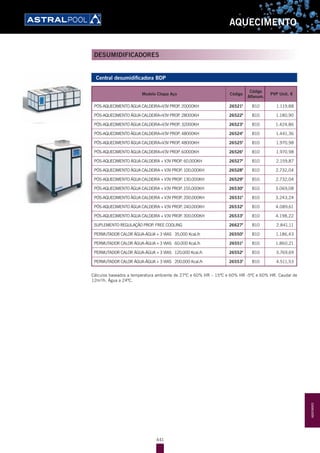 441
AQUECIMENTO
Central desumidificadora BDP
Modelo Chapa Aço Código
Código
Alfanum.
PVP Unit. €
PÓS-AQUECIMENTO ÁGUA CALDEIRA+V3V PROP. 20000KH 26521F
B10 1.119,88
PÓS-AQUECIMENTO ÁGUA CALDEIRA+V3V PROP. 28000KH 26522F
B10 1.180,90
PÓS-AQUECIMENTO ÁGUA CALDEIRA+V3V PROP. 32000KH 26523F
B10 1.424,86
PÓS-AQUECIMENTO ÁGUA CALDEIRA+V3V PROP. 48000KH 26524F
B10 1.441,36
PÓS-AQUECIMENTO ÁGUA CALDEIRA+V3V PROP. 48000KH 26525F
B10 1.970,98
PÓS-AQUECIMENTO ÁGUA CALDEIRA+V3V PROP. 60000KH 26526F
B10 1.970,98
PÓS-AQUECIMENTO ÁGUA CALDEIRA + V3V PROP. 60.000KH 26527F
B10 2.159,87
PÓS-AQUECIMENTO ÁGUA CALDEIRA + V3V PROP. 100.000KH 26528F
B10 2.732,04
PÓS-AQUECIMENTO ÁGUA CALDEIRA + V3V PROP. 130.000KH 26529F
B10 2.732,04
PÓS-AQUECIMENTO ÁGUA CALDEIRA + V3V PROP. 155.000KH 26530F
B10 3.069,08
PÓS-AQUECIMENTO ÁGUA CALDEIRA + V3V PROP. 200.000KH 26531F
B10 3.243,24
PÓS-AQUECIMENTO ÁGUA CALDEIRA + V3V PROP. 240.000KH 26532F
B10 4.089,61
PÓS-AQUECIMENTO ÁGUA CALDEIRA + V3V PROP. 300.000KH 26533F
B10 4.198,22
SUPLEMENTO REGULAÇÃO PROP. FREE COOLING 26627F
B10 2.841,11
PERMUTADOR CALOR ÁGUA-ÁGUA + 3 VIAS 35.000 Kcal./h 26550F
B10 1.186,43
PERMUTADOR CALOR ÁGUA-ÁGUA + 3 VIAS 60.000 Kcal./h 26551F
B10 1.860,21
PERMUTADOR CALOR ÁGUA-ÁGUA + 3 VIAS 120.000 Kcal./h 26552F
B10 3.769,69
PERMUTADOR CALOR ÁGUA-ÁGUA + 3 VIAS 200.000 Kcal./h 26553F
B10 4.511,53
Cálculos baseados a temperatura ambiente de 27ºC e 60% HR – 15ºC e 60% HR -5ºC e 60% HR. Caudal de
12m3
/h. Água a 24ºC.
DESUMIDIFICADORES
AQUECIMENTO
 