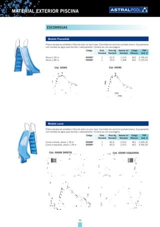 50
MATERIAL EXTERIOR PISCINA
ESCORREGAS
Modelo Pranaslide
Pista e escada em poliéster e fibra de vidro cor azul clara. Corrimões em alumínio pintado branco. Equipamento
com tomada de água para facilitar o deslizamento. Fornece-se com ancoragens.
Altura 1,50 m 00085A
1 62,0 1,214 A01 2.796,45
Altura 1,80 m 00086A
1 70,0 1,368 A01 3.105,45
Cód. 00086Cód. 00085
Modelo curvo
Pista e escada em poliéster e fibra de vidro cor azul clara. Corrimões em alumínio pintado branco. Equipamento
com tomada de água para facilitar o deslizamento. Fornece-se com ancoragens.
Curva à direita, altura 1,78 m 00088A
1 83,0 2,913 A01 3.306,30
Curva à esquerda, altura 1,78 m 00089A
1 83,0 2,913 A01 3.306,30
Cód. 00088 DIREITA Cód. 00089 ESQUERDA
Código Emb. Peso Kg Volume m3
Código PVP
Standard Standard Standard Alfanum. Unit. €
Código Emb. Peso Kg Volume m3
Código PVP
Standard Standard Standard Alfanum. Unit. €
 