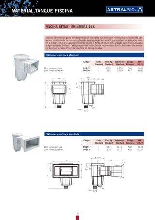 70
MATERIAL TANQUE PISCINA
Todos os skimmers da gama têm tratamento UV nas partes que não ficam enterradas. Fabricados em ABS
branco, com flutuador de comporta e tampão para regulação do caudal. Ligação inferior de aspiração: rosca
int. G 1 1/2’’, ext. G 2’’. Ligação simultânea ao ralo de fundo: Ø int. 50 mm. Ligação superior de evacuação
de água sobrante Ø 40mm. Cesto para recolher folhas. Caudal recomendado 5 m3
/h. Recomenda-se instalar
um skimmer por cada 25 m2
de superfície de lâmina de água.
Skimmer com boca standard
Com tampa circular 00249A
1 2,95 0,059 A02 59,85
Com tampa quadrada 00250A
1 3,15 0,059 A02 63,00
Skimmer com boca ampliada
Com tampa circular 00251A
1 4,47 0,12 A02 99,49
Com tampa quadrada 00252A
1 3,00 0,12 A02 101,33
Código Emb. Peso Kg Volume m3
Código PVP
Standard Standard Standard Alfanum. Unit. €
Código Emb. Peso Kg Volume m3
Código PVP
Standard Standard Standard Alfanum. Unit. €
PISCINA BETÃO - SKIMMERS 15 L
 