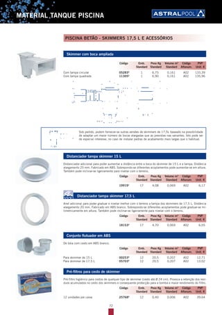 72
MATERIAL TANQUE PISCINA
PISCINA BETÃO - SKIMMERS 17,5 L E ACESSÓRIOS
Skimmer com boca ampliada
Com tampa circular 05283A
1 6,75 0,161 A02 133,39
Com tampa quadrada 11305A
1 6,90 0,161 A02 135,96
Ø int. 2" Ø int. 11
/2"
Sob pedido, podem fornecer-se outras versões de skimmers de 17,5L baseado na possibilidade
de adaptar um maior número de bocas alargadas que as previstas nas variantes. Isto pode ser
de especial interesse, no caso de instalar pedras de acabamento mais largas que o habitual.
Distanciador tampa skimmer 15 L
Distanciador adicional para poder aumentar a distância entre a boca do skimmer de 15 L e a tampa. Distância
alargamento 25 mm. Fabricado em ABS. Sobrepondo-se diferentes acoplamentos pode aumentar-se em altura.
Também pode inclinar-se ligeiramente para nivelar com o terreno.
19919A
17 4,08 0,069 A02 6,17
Distanciador tampa skimmer 17,5 L
Anel adicional para poder graduar e nivelar melhor com o terreno a tampa dos skimmers de 17,5 L. Distância
alargamento 20 mm. Fabricado em ABS branco. Sobrepondo-se diferentes acoplamentos pode graduar-se mi-
limetricamente em altura. Também pode inclinar-se ligeiramente para nivelar com o terreno.
18153A
17 4,70 0,069 A02 6,05
Conjunto flutuador em ABS
De bóia com cesto em ABS branco.
Para skimmer de 15 L 00253A
12 20,5 0,207 A02 12,71
Para skimmer de 17,5 L 05703A
12 20,5 0,207 A02 13,02
Pré-filtros para cesto de skimmer
Pré-filtro higiénico para cestos de qualquer tipo de skimmer (cesto até Ø 24 cm). Provoca a retenção dos resí-
duos acumulados no cesto dos skimmers e consequente protecção para a bomba e maior rendimento do filtro.
12 unidades por caixa 25768A
12 0,40 0,006 A02 39,64
Código Emb. Peso Kg Volume m3
Código PVP
Standard Standard Standard Alfanum. Unit. €
Código Emb. Peso Kg Volume m3
Código PVP
Standard Standard Standard Alfanum. Unit. €
Código Emb. Peso Kg Volume m3
Código PVP
Standard Standard Standard Alfanum. Unit. €
Código Emb. Peso Kg Volume m3
Código PVP
Standard Standard Standard Alfanum. Unit. €
Código Emb. Peso Kg Volume m3
Código PVP
Standard Standard Standard Alfanum. Unit. €
 