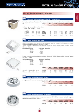79
MATERIAL TANQUE PISCINA
Modelo de poliéster e fibra de vidro - 515 mm x 515 mm
Fabricado em poliéster reforçado com fibra de vidro. Acabamento em gel-coat. Com válvula hidrostática opcio-
nal.
Grelha em aço inox AISI-316. Orifício < 8 mm
Ligação saída Grelha Caudal
colar
Ø 110 mm Inox 33 m3
/h 20285B
1 11,5 0,132 A02 510,88
Ø 125 mm Inox 43 m3
/h 20286B
1 11,5 0,132 A02 520,15
Ø 140 mm Inox 54 m3
/h 20287B
1 11,5 0,132 A02 535,60
Ø 160 mm Inox 70 m3
/h 20288B
1 11,5 0,132 A02 551,05
Tampa antivortex extra plana
Desenho especial extra plano que permite aos aspiradores passar por eles sem ficarem presos. Inclinações
suaves. Cumpre a norma europeia EN 13451-1: 2000.
A tampa 415 mm x 415 mm (código: 25344) pode ser colocada entre os ralos de poliéster mais fibra de vidro
355 mm x 355 mm:
Com grelha inoxidável: Com grelha de plástico:
- 20282 - 22359
- 20283 - 22360
- 20284 - 22361
- 22362
A tampa 570 mm x 570 mm (código: 28556) pode ser colocada entre os ralos de poliéster mais fibra de vidro
512 mm x 512 mm:
Com grelha inoxidável: Com grelha de plástico:
- 20285 - 28709
- 20286 - 28710
- 20287 - 28711
- 20288 - 28712
415 mm x 415 mm. Altura: 70 mm 25344B
1 2,25 0,012 A02 160,68
570 mm x 570 mm. Altura: 60 mm 28556B
1 4,00 0,032 A02 391,40
Grelha de fundo Ø 200 mm em ABS
Aro e grelha em ABS, branco. Com parafusos de fixação de grelha.
00280A
10 3,0 0,031 A02 9,45
Grelha de fundo Ø 200 mm em aço inox
Aro de suporte em material plástico branco, ralo em aço inox AISI-316. Com parafusos de fixação de grelha.
Caudal máximo recomendado 13 m3
/h.
00279A
10 6,0 0,02 A02 49,09
Código Emb. Peso Kg Volume m3
Código PVP
Standard Standard Standard Alfanum. Unit. €
Código Emb. Peso Kg Volume m3
Código PVP
Standard Standard Standard Alfanum. Unit. €
Código Emb. Peso Kg Volume m3
Código PVP
Standard Standard Standard Alfanum. Unit. €
Código Emb. Peso Kg Volume m3
Código PVP
Standard Standard Standard Alfanum. Unit. €
PISCINA BETÃO - GRELHAS DE FUNDO
MATERIAL
TANQUEPISCINA
 