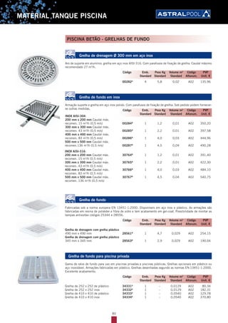 80
MATERIAL TANQUE PISCINA
Grelha de drenagem Ø 300 mm em aço inox
Aro de suporte em alumínio, grelha em aço inox AISI-316. Com parafusos de fixação de grelha. Caudal máximo
recomendado 27 m3
/h.
00282A
4 5,8 0,02 A02 135,96
Grelha de fundo em inox
Armação suporte e grelha em aço inox polido. Com parafusos de fixação de grelha. Sob pedido podem fornecer-
se outras medidas.
INOX AISI-304:
200 mm x 200 mm Caudal máx.
recomen. 15 m3
/h (0,5 m/s) 00284B
1 1,2 0,01 A02 350,20
300 mm x 300 mm Caudal máx.
recomen. 43 m3
/h (0,5 m/s) 00285B
1 2,2 0,01 A02 397,58
400 mm x 400 mm Caudal máx.
recomen. 83 m3
/h (0,5 m/s) 00286B
1 4,0 0,03 A02 444,96
500 mm x 500 mm Caudal máx.
recomen.136 m3
/h (0,5 m/s) 00287B
1 4,5 0,04 A02 490,28
INOX AISI-316:
200 mm x 200 mm Caudal máx. 30764B
1 1,2 0,01 A02 391,40
recomen. 15 m3
/h (0,5 m/s)
300 mm x 300 mm Caudal máx. 30765B
1 2,2 0,01 A02 422,30
recomen. 43 m3
/h (0,5 m/s)
400 mm x 400 mm Caudal máx. 30766B
1 4,0 0,03 A02 484,10
recomen. 83 m3
/h (0,5 m/s)
500 mm x 500 mm Caudal máx. 30767B
1 4,5 0,04 A02 540,75
recomen. 136 m3
/h (0,5 m/s)
Grelha de fundo
Fabricadas sob a norma europeia EN 13451-1:2000. Disponíveis em aço inox e plástico. As armações são
fabricadas em resina de poliéster e fibra de vidro e tem acabamento em gel-coat. Possibilidade de montar as
tampas antivortex códigos 25344 e 28556.
Grelha de drenagem com grelha plástico
490 mm x 490 mm 28561B
1 4,7 0,029 A02 254,15
Grelha de drenagem com grelha plástico
345 mm x 345 mm 28563B
1 2,9 0,029 A02 190,04
Grelha de fundo para piscina privada
Gama de ralos de fundo para uso em piscinas privadas e piscinas públicas. Grelhas opcionais em plástico ou
aço inoxidável. Armações fabricadas em plástico. Grelhas desenhadas segundo as normas EN:13451-1:2000.
Excelente acabamento.
Grelha de 252 x 252 de plástico 34331A
1 - 0,0129 A02 80,34
Grelha de 252 x 252 inox 34332A
1 - 0,0129 A02 182,31
Grelha de 410 x 410 de plástico 34333A
1 - 0,0540 A02 129,78
Grelha de 410 x 410 inox 34334A
1 - 0,0540 A02 370,80
Código Emb. Peso Kg Volume m3
Código PVP
Standard Standard Standard Alfanum. Unit. €
Código Emb. Peso Kg Volume m3
Código PVP
Standard Standard Standard Alfanum. Unit. €
Código Emb. Peso Kg Volume m3
Código PVP
Standard Standard Standard Alfanum. Unit. €
Código Emb. Peso Kg Volume m3
Código PVP
Standard Standard Standard Alfanum. Unit. €
PISCINA BETÃO - GRELHAS DE FUNDO
 