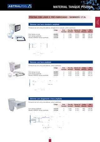 MATERIAL TANQUE PISCINA
Skimmer com boca standard e ampliada
Fornecem-se com uma junta adesiva, armação de bi-injecção, junta e parafusos.
Com tampa circular 05285A
1 5,90 0,077 A02 150,38
Com tampa quadrada 11310A
1 5,90 0,077 A02 152,96
Modelo PARKER tampa quadrada 11316A
1 5,90 0,077 A02 143,69
Ø int. 2" Ø int. 11
/2"
Skimmer com boca ampliada
Fornecem-se com uma junta adesiva, junta e parafusos.
Com tampa circular 05286A
1 6,50 0,135 A02 148,32
Com tampa quadrada 11311A
1 6,52 0,135 A02 151,41
Modelo PARKER tampa quadrada 11317A
1 6,52 0,135 A02 142,14
Ø int. 2" Ø int. 11
/2"
Skimmer com alargamento e boca ampliada
Fornecem-se com uma junta adesiva, junta e parafusos.
Com tampa quadrada 11313A
1 7,00 0,161 A02 166,86
Modelo PARKER tampa quadrada 11314A
1 7,00 0,161 A02 157,59
Ø int. 11
/2"
Código Emb. Peso Kg Volume m3
Código PVP
Standard Standard Standard Alfanum. Unit. €
Código Emb. Peso Kg Volume m3
Código PVP
Standard Standard Standard Alfanum. Unit. €
Código Emb. Peso Kg Volume m3
Código PVP
Standard Standard Standard Alfanum. Unit. €
PISCINA COM LINER E PRÉ-FABRICADAS - SKIMMERS 17,5L
91
MATERIAL
TANQUEPISCINA
 