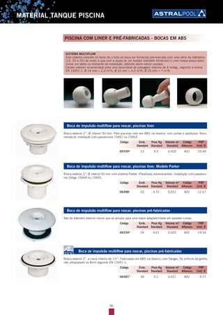 96
MATERIAL TANQUE PISCINA
SISTEMA MULTIFLOW
Este sistema consiste no facto de a bola da boca ser fornecida pré-marcada com uma série de diâmetros
(14, 20 e 25) de modo a que com a ajuda de um furador (também fornecido) e uma massa possa selec-
cionar um deles no momento da instalação, obtendo assim vários caudais.
Caudal máximo recomendado para uma velocidade de passagem máxima de 4 m/seg., segundo a norma
EN 13451-1: Ø 14 mm = 2,2 m3
/h, Ø 20 mm = 4,5 m3
/h, Ø 25 mm = 7 m3
/h
Boca de impulsão multiflow para roscar, piscinas liner
Rosca exterior 2’’, Ø interior 50 mm. Para piscinas liner em ABS cor branca, com juntas e parafusos. Reco-
menda-se instalação com passamuros 15662 ou 15663.
00330A
12 4,5 0,020 A02 25,49
Boca de impulsão multiflow para roscar, piscinas liner. Modelo Parker
Rosca exterior 2’’, Ø interior 50 mm com sistema Parker. (Parafusos autoroscantes). Instalação com passamu-
ros código 15664 ou 15665.
06498A
20 4,72 0,021 A02 12,57
Boca de impulsão multiflow para roscar, piscinas pré-fabricadas
São de diâmetro exterior menor que as actuais para uma maior adaptabilidade em paredes curvas.
00334A
24 4,61 0,020 A02 14,54
Boca de impulsão multiflow para roscar, piscinas pré-fabricadas
Rosca exterior 2’’, e rosca interior de 1½’’. Fabricadas em ABS cor branco, com flanges. Os orifícios da grelha
não ultrapassam os 8mm segundo EN 13451-1.
06481A
30 5,1 0,021 A02 9,77
Código Emb. Peso Kg Volume m3
Código PVP
Standard Standard Standard Alfanum. Unit. €
Código Emb. Peso Kg Volume m3
Código PVP
Standard Standard Standard Alfanum. Unit. €
Código Emb. Peso Kg Volume m3
Código PVP
Standard Standard Standard Alfanum. Unit. €
Código Emb. Peso Kg Volume m3
Código PVP
Standard Standard Standard Alfanum. Unit. €
PISCINA COM LINER E PRÉ-FABRICADAS - BOCAS EM ABS
 