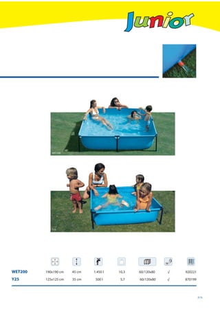 WET200




            Y25




WET200   190x190 cm   45 cm   1.450 l   10,3   60/120x80   √   920221

Y25      125x125 cm   35 cm    500 l     5,7   60/120x80   √   870199



                                                                        35
 