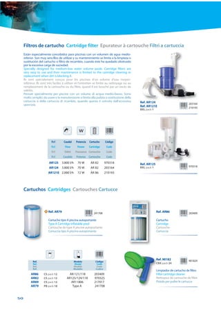 Filtros de cartucho Cartridge filter Epurateur à cartouche Filtri a cartuccia
     Están especialmente concebidos para piscinas con un volumen de agua medio-
     inferior. Son muy sencillos de utilizar y su mantenimiento se limita a la limpieza o
     sustitución del cartucho o filtro de recambio, cuando éste ha quedado obstruido
     por la excesiva carga de suciedad.
     Specially designed for medium-low water volume pools. Cartridge filters are
     very easy to use and their maintenance is limited to the cartridge cleaning or
     replacement when dirt is blocking it.
     Ils sont spécialement conçus pour les piscines d’un volume d’eau moyen-
     inférieur. Ils sont très faciles à utiliser et l’entretien se limite au nettoyage ou au
     remplacement de la cartouche ou du filtre, quand il est bouché par un excès de
     saletés.
     Pensati specialmente per piscine con un volume di acqua medio-basso. Sono
     molto semplici da usare e la manutenzione si limita alla pulizia o sostituzione della
     cartuccia o della cartuccia di ricambio, quando questa è ostruita dall’accessiva          Ref. AR124
     sporcizia.                                                                                                                      203164
                                                                                               Ref. AR121E                           210193
                                                                                               BXL pack 1




                            Ref.       Caudal     Potencia   Cartucho      Código
                            Ref.        Flow       Power     Cartridge      Code
                            Ref.        Débit     Puissance Cartouche       Code
                            Ref.      Caudale     Potenza    Cartouche      Code
                          AR125       3.800 l/h    70 W       AR 82        970318              Ref. AR125
                          AR124       3.800 l/h    70 W       AR 82        203164              BXL pack 1                            970318

                          AR121E 2.000 l/h         72 W       AR 86        210193




     Cartuchos Cartridges Cartouches Cartucce



                      N   Ref. AR79                                                                         Ref. AR86
                                                                241708                                                               203409

                          Cartucho tipo A piscina autoportante                                              Cartucho
                          Type A Cartridge inflatable pool                                                  Cartridge
                          Cartouche de type A piscine autoportante                                          Cartouche
                          Cartuccia tipo A piscina autoportante                                             Cartuccia




                                                                                                            R
                                                                                                            Ref. 90182               901829
            Ref.                                Modelo            Código
            Ref.                                Model              Code                                     C
                                                                                                            CBX pack 24
            Ref.                                Modèle             Code
            Ref.                                Modello           Codice
                                                                                                            L
                                                                                                            Limpiador de cartucho de filtro
          AR86       CS pack 12            AR 121/118            203409                                     F
                                                                                                            Filter cartridge cleaner
          AR82       CS pack 12          AR125/124/118           970325                                     N
                                                                                                            Nettoyeur de cartouche de filtre
          AR89       CS pack 12             AR11806              217017                                     P
                                                                                                            Pistola per pulire le cartucce
          AR79       PB pack 18              Type A              241708


50
 