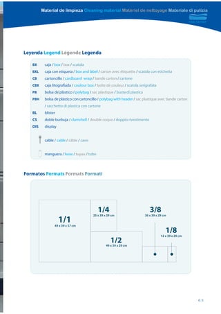 Material de limpieza Cleaning material Matériel de nettoyage Materiale di pulizia




Leyenda Legend Légende Legenda

   BX     caja / box / box / scatola
   BXL    caja con etiqueta / box and label / carton avec étiquette / scatola con etichetta
   CB     cartoncillo / cardboard wrap / bande carton / cartone
   CBX    caja litografiada / coulour box / boîte de couleur / scatola serigrafata
   PB     bolsa de plástico / polybag / sac plastique / busta di plastica
   PBH    bolsa de plástico con cartoncillo / polybag with header / sac plastique avec bande carton
          / sacchetto di plastica con cartone
   BL     blister
   CS     doble burbuja / clamshell / double coque / doppio rivestimento
   DIS    display


          cable / cable / câble / cavo


          manguera / hose / tuyau / tubo




Formatos Formats Formats Formati




                                            1/4                                3/8
                                         25 x 39 x 29 cm                    36 x 39 x 29 cm
                    1/1
                49 x 39 x 57 cm
                                                                                          1/8
                                                                                       12 x 39 x 29 cm
                                                     1/2
                                                  49 x 39 x 29 cm




                                                                                                         63
 