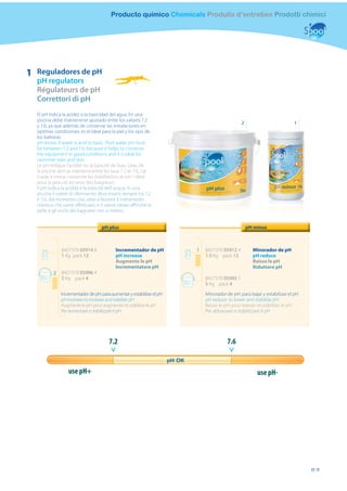 Producto químico Chemicals Produits d’entretien Prodotti chimici




1   Reguladores de pH
    pH regulators
    Régulateurs de pH
    Correttori di pH
    El pH indica la acidez o la basicidad del agua. En una
    piscina debe mantenerse ajustado entre los valores 7.2
                                                                                               2                         1
    y 7.6, ya que además de conservar las instalaciones en
    óptimas condiciones, es el ideal para la piel y los ojos de
    los bañistas.
    pH shows if water is acid or basic. Pool water pH must
    be between 7.2 and 7.6, because it helps to conserve
    the equipment in good conditions and it is ideal for
    swimmer eyes and skin.
    Le pH indique l’acidité ou la basicité de l’eau. L’eau de
    la piscine doit se maintenir entre les taux 7.2 et 7.6, car
    il aide à mieux conserver les installations et est l‘ idéal
    pour la peau et les yeux des baigneurs.
    Il pH indica la acidità e la basicità dell’ acqua. In una
    piscina il valore di riferimento deve essere sempre tra 7.2
    e 7.6, dal momento che, oltre a favorire il trattamento
    chimico che viene eﬀettuato, è il valore ideale aﬃnchè la
    pelle e gli occhi dei bagnanti non si irritino.


                                     pH plus                                                       pH minus



                8427370 05914 8              Incrementador de pH         1   8427370 05912 4         Minorador de pH
                1 Kg pack 12                 pH increase                     1.5 Kg pack 12          pH reduce
                                             Augmente le pH                                          Baisse le pH
                                             Incrementatore pH                                       Riduttore pH
            2   8427370 05996 4
                5 Kg pack 4                                                  8427370 05995 7
                                                                             5 Kg pack 4
                Incrementador de pH: para aumentar y estabilizar el pH       Minorador de pH: para bajar y estabilizar el pH
                pH increase: to increase and stabilize pH                    pH reduce: to lower and stabilize pH
                Augmente le pH: pour augmenter et stabiliser le pH           Baisse le pH: pour baisser et stabiliser le pH
                Per aumentare e stabilizzare il pH                           Per abbassare e stabilizzare il pH




                                         7.2                                            7.6


                    use pH+                                                                            use pH-




                                                                                                                               89
 