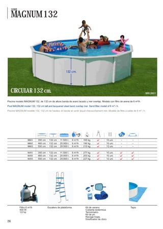 SERIE

     MAGNUM 132




     CIRCULAR 132 cm.                                                                                                        MOD. 8803


Piscina modelo MAGNUM 132, de 132 cm de altura banda de acero lacado y iner overlap. Modelo con filtro de arena de 6 m³/h.

Pool MAGNUM model 132, 132 cm tall and lacquered steel band overlap iner. Sand filter model of 6 m³ / h.

Piscine MAGNUM modèle 132, 132 cm de hauteur et bande en acier laqué chevauchement iner. Modèle de filtre à sable de 6 m³ / h.




                     8801    350 cm    132 cm    11.500 l.     6 m³/h   165 kg               10 uni.
                     8802    460 cm    132 cm    20.000 l.     6 m³/h   190 kg               10 uni.
                     8803    550 cm    132 cm    29.000 l.     6 m³/h   215 kg               12 uni.

                     8491    350 cm    132 cm    11.500 l.     6 m³/h   277 kg               10 uni.
                     8492    460 cm    132 cm    20.000 l.     6 m³/h   203 kg               10 uni.
                     8493    550 cm    132 cm    29.000 l.     6 m³/h   227 kg               12 uni.




             Filtro 6 m³/h            Escalera de plataforma             Kit de verano:                         Tapiz
             400 W                                                       Cubierta isotérmica.
             1/2 hp                                                      Termómetro.
                                                                         Kit de ph.
                                                                         Recoge hojas.
                                                                         Dosificador de cloro.
26
 