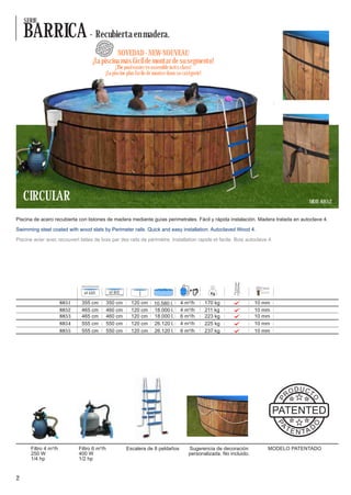 SERIE

    BARRICA - Recubierta en madera.           O
                                                    C
                                                  DU TO




                                         PR
                                               ED
                                            ENT
                                         PAT
                                              NOVEDAD - NEW-NOUVEAU




                                                          DO
                                              PA




                                                      A
                                                   TENT


                                    ¡La piscina más fácil de montar de su segmento!
                                                           ¡The pool easier to assemble in its class!
                                                     ¡La piscine plus facile de monter dans sa catégorie!




    CIRCULAR                                                                                                                                           MOD. 8852


Piscina de acero recubierta con listones de madera mediante guías perimetrales. Fácil y rápida instalación. Madera tratada en autoclave 4.

Swimming steel coated with wood slats by Perimeter rails. Quick and easy installation. Autoclaved Wood 4.

Piscine acier avec recouvert lattes de bois par des rails de périmètre. Installation rapide et facile. Bois autoclave 4.




                                Ø EXT.                    Ø INT.

                      8851    355 cm                 350 cm          120 cm    10.580 l.     4 m³/h         170 kg              10 mm
                      8852    465 cm                 460 cm          120 cm    18.000 l.     4 m³/h         211 kg              10 mm
                      8853    465 cm                 460 cm          120 cm    18.000 l.     6 m³/h         223 kg              10 mm
                      8854    555 cm                 550 cm          120 cm    26.120 l.     4 m³/h         225 kg              10 mm
                      8855    555 cm                 550 cm          120 cm    26.120 l.     6 m³/h         237 kg              10 mm




                                                                                                                                                  D U CT
                                                                                                                                             RO
                                                                                                                                                         O
                                                                                                                                        P




                                                                                                                                        PATENTED
                                                                                                                                         A
                                                                                                                                        P




                                                                                                                                                           O




                                                                                                                                             TE            D
                                                                                                                                                  N TA

      Filtro 4 m³/h          Filtro 6 m³/h                         Escalera de 8 peldaños         Sugerencia de decoración          MODELO PATENTADO
      250 W                  400 W                                                                personalizada. No incluido.
      1/4 hp                 1/2 hp


2
 