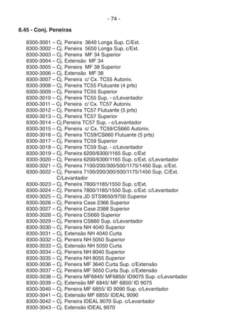- 74 -
8.45 - Conj. Peneiras
8300-3001 – Cj. Peneira 3640 Longa Sup. C/Ext.
8300-3002 – Cj. Peneira 5650 Longa Sup. c/Ext.
8300-3003 – Cj. Peneira MF 34 Superior
8300-3004 – Cj. Extensão MF 34
8300-3005 – Cj. Peneira MF 38 Superior
8300-3006 – Cj. Extensão MF 38
8300-3007 – Cj. Peneira c/ Cx. TC55 Autoniv.
8300-3008 – Cj. Peneira TC55 Flutuante (4 prts)
8300-3009 – Cj. Peneira TC55 Superior
8300-3010 – Cj. Peneira TC55 Sup. - c/Levantador
8300-3011 – Cj. Peneira c/ Cx. TC57 Autoniv.
8300-3012 – Cj. Peneira TC57 Flutuante (5 prts)
8300-3013 – Cj. Peneira TC57 Superior
8300-3014 – Cj.Peneira TC57 Sup. - c/Levantador
8300-3015 – Cj. Peneira c/ Cx. TC59/CS660 Autoniv.
8300-3016 – Cj. Peneira TC59/CS660 Flutuante (5 prts)
8300-3017 – Cj. Peneira TC59 Superior
8300-3018 – Cj. Peneira TC59 Sup. - c/Levantador
8300-3019 – Cj. Peneira 6200/6300/1165 Sup. c/Ext
8300-3020 – Cj. Peneira 6200/6300/1165 Sup. c/Ext. c/Levantador
8300-3021 – Cj. Peneira 7100/200/300/500/1175/1450 Sup. c/Ext.
8300-3022 – Cj. Peneira 7100/200/300/500/1175/1450 Sup. C/Ext.
C/Levantador
8300-3023 – Cj. Peneira 7800/1185/1550 Sup. c/Ext.
8300-3024 – Cj. Peneira 7800/1185/1550 Sup. c/Ext. c/Levantador
8300-3025 – Cj. Peneira JD STS9650/9750 Superior
8300-3026 – Cj. Peneira Case 2366 Superior
8300-3027 – Cj. Peneira Case 2388 Superior
8300-3028 – Cj. Peneira CS660 Superior
8300-3029 – Cj. Peneira CS660 Sup. c/Levantador
8300-3030 – Cj. Peneira NH 4040 Superior
8300-3031 – Cj. Extensão NH 4040 Curta
8300-3032 – Cj. Peneira NH 5050 Superior
8300-3033 – Cj. Extensão NH 5050 Curta
8300-3034 – Cj. Peneira NH 8040 Superior
8300-3035 – Cj. Peneira NH 8055 Superior
8300-3036 – Cj. Peneira MF 3640 Curta Sup. c/Extensão
8300-3037 – Cj. Peneira MF 5650 Curta Sup. c/Extensão
8300-3038 – Cj. Peneira MF6845/ MF6850/ ID9075 Sup. c/Levantador
8300-3039 – Cj. Extensão MF 6845/ MF 6850/ ID 9075
8300-3040 – Cj. Peneira MF 6855/ ID 9090 Sup. c/Levantador
8300-3041 – Cj. Extensão MF 6855/ IDEAL 9090
8300-3042 – Cj. Peneira IDEAL 9070 Sup. c/Levantador
8300-3043 – Cj. Extensão IDEAL 9070
 