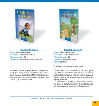 19 
Un árbol gatológico 
Autora: Becky Rubinstein 
Ilustradora: Gabriela Quintana 
Páginas a color: 80 
Categoría: Poesía de autor 
Valor: la familia 
Premio Juan de la Cabada, 1988 
Disfruta junto con Gatarino, un pequeño gato 
juguetón, las divertidas historias que su mamá 
Gatuca le cuenta cada noche mientras su papá 
Gatón cuida a los abuelos que se encuentran 
lejos y enfermos. 
Descubre un desfile de personajes anima-les 
como el gallo Kikiriquete y la terrible banda 
de ratones comandada por el Robaquesos. 
El pájaro de madera 
Autora: Cristina Pacheco 
Ilustradora: Gabriela Quintana 
Páginas a color: 64 
Categoría: Cuentos de la vida cotidiana 
Pablo es un niño a quien, en su cumpleaños, 
sus papás le regalan un hermoso colibrí tallado 
en un madero recogido del Mar Imposible; este 
animalito será más que un objeto inmóvil y frío 
que se queda en una jaula. 
Formato: 13.5 x 21 cm Encuadernación: Rústica 
 
