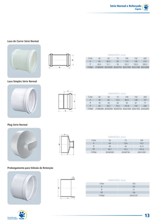 Série Normal e Reforçada
                                                                                         Esgoto




Luva de Correr Série Normal




                                                                DIMENSÕES (mm)
                                         Cotas       40       50       75       100      150      200
                                           A         45      82,5      93       113      140      210
                                           D        40,5     51,1      76      102,1    150,5    200,5
                                         Código   27580459 26320500 26320755 26321000 26321506 26322006




Luva Simples Série Normal



                                                                DIMENSÕES (mm)
                                         Cotas       40       50       75       100     150       200
                                           A         39       62      72,2     83,5     128       157
                                           B         18       39       44        50      67        77
                                           D         40      50,7     75,5     101,6    150       200
                                         Código   27580408 26300509 26300754 26301009 26301505 26302005




Plug Série Normal



                                                                DIMENSÕES (mm)
                                            Cotas                50           75              100
                                              A                  64          73,6            74,3
                                              B                  39           44             41,4
                                              DE                50,7         75,5            101,6
                                            Código            26340500     26340756        26341000




Prolongamento para Válvula de Retenção



                                                                DIMENSÕES (mm)
                                                     Cotas                           150
                                                       A                             101
                                                       B                              21
                                                       DE                            150
                                                     Código                        26425107




                                                                                                  13
 