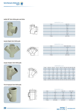Série Normal e Reforçada
                      Esgoto




Joelho 90º Série Reforçada com Visita

                                                                          DIMENSÕES (mm)
                                                            Cotas                                  100 X 75
                                                              A                                      101,4
                                                              B                                      41,7
                                                              b                                      39,6
                                                              C                                      61,6
                                                              c                                       61
                                                              D                                      101,6
                                                              d                                      75,5
                                                            Código                                 26751705



Junção Dupla Série Reforçada

                                                                          DIMENSÕES (mm)
                                                            Cotas                               100 X 100 X 100
                                                              A                                      127,5
                                                              B                                       50
                                                              C                                       80
                                                              D                                      101,6
                                                              H                                      257,5
                                                            Código                                 26751209




Junção Simples Série Reforçada

                                                                          DIMENSÕES (mm)
                                        Cotas     40 X 40       50 X 50     75 X 75   100 X 75 100 X 100 150 X 100 150 X 150
                                          A        51,5          56,5         68        61        80        71       96,2
                                          B            37            39       44        50        50        67        67
                                          b            37            39       44        44        50        50        67
                                          C            51            64      95,2      110,5     127,5     157       187
                                          c            40        50,7        75,5      101,6     101,6     150       150
                                          D            40        50,7        75,5       75,5     101,6     101,6     150
                                          d        139,5         159,5      207,2       219      257,5     292,5    350,2
                                        Códigos 26751365 26751373 26751381 26751403 26751306 26751420 26751322




Tê de Inspeção Série Reforçada


                                                                          DIMENSÕES (mm)
                                              Cotas                     75               100 X 75            150 X 100
                                                A                      125,3                137                 268
                                                B                       43                   50                  67
                                                C                      54,7                 68,3               106,5
                                                D                      75,5                101,6                150
                                                dr                    2 1/2"              2 1/2"                4"
                                              Código                 26752485            26752507            26752523




20
 