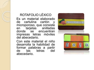 ROTAFOLIO LÉXICO
Es un material elaborado
de cartulina cartón y
microporoso, que consiste
en tarjetas anilladas
donde se encuentran
impresas letras móviles
del abecedario.
Con este material el niño
desarrolla la habilidad de
formar palabras a partir
de las letras del
abecedario.
 