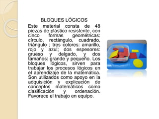 BLOQUES LÓGICOS
Este material consta de 48
piezas de plástico resistente, con
cinco formas geométricas:
círculo, rectángulo, cuadrado,
triángulo ; tres colores: amarillo,
rojo y azul; dos espesores:
grueso y delgado, y dos
tamaños: grande y pequeño. Los
bloques lógicos, sirven para
trabajar los procesos lógicos en
el aprendizaje de la matemática.
Son utilizados como apoyo en la
adquisición y explicación de
conceptos matemáticos como
clasificación y ordenación.
Favorece el trabajo en equipo.
 
