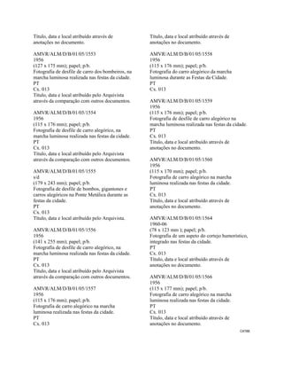 CAT88 
 
Título, data e local atribuído através de
anotações no documento.
AMVR/ALM/D/B/01/05/1553
1956
(127 x 175 mm); papel; p/b.
Fotografia de desfile de carro dos bombeiros, na
marcha luminosa realizada nas festas da cidade.
PT
Cx. 013
Título, data e local atribuído pelo Arquivista
através da comparação com outros documentos.
AMVR/ALM/D/B/01/05/1554
1956
(115 x 176 mm); papel; p/b.
Fotografia de desfile de carro alegórico, na
marcha luminosa realizada nas festas da cidade.
PT
Cx. 013
Título, data e local atribuído pelo Arquivista
através da comparação com outros documentos.
AMVR/ALM/D/B/01/05/1555
s/d
(179 x 243 mm); papel; p/b.
Fotografia de desfile de bombos, gigantones e
carros alegóricos na Ponte Metálica durante as
festas da cidade.
PT
Cx. 013
Título, data e local atribuído pelo Arquivista.
AMVR/ALM/D/B/01/05/1556
1956
(141 x 255 mm); papel; p/b.
Fotografia de desfile de carro alegórico, na
marcha luminosa realizada nas festas da cidade.
PT
Cx. 013
Título, data e local atribuído pelo Arquivista
através da comparação com outros documentos.
AMVR/ALM/D/B/01/05/1557
1956
(115 x 176 mm); papel; p/b.
Fotografia de carro alegórico na marcha
luminosa realizada nas festas da cidade.
PT
Cx. 013
Título, data e local atribuído através de
anotações no documento.
AMVR/ALM/D/B/01/05/1558
1956
(115 x 176 mm); papel; p/b.
Fotografia do carro alegórico da marcha
luminosa durante as Festas da Cidade.
PT
Cx. 013
AMVR/ALM/D/B/01/05/1559
1956
(115 x 176 mm); papel; p/b.
Fotografia de desfile de carro alegórico na
marcha luminosa realizada nas festas da cidade.
PT
Cx. 013
Título, data e local atribuído através de
anotações no documento.
AMVR/ALM/D/B/01/05/1560
1956
(115 x 170 mm); papel; p/b.
Fotografia de carro alegórico na marcha
luminosa realizada nas festas da cidade.
PT
Cx. 013
Título, data e local atribuído através de
anotações no documento.
AMVR/ALM/D/B/01/05/1564
1960-06
(78 x 123 mm ); papel; p/b.
Fotografia de um aspeto do cortejo humorístico,
integrado nas festas da cidade.
PT
Cx. 013
Título, data e local atribuído através de
anotações no documento.
AMVR/ALM/D/B/01/05/1566
1956
(115 x 177 mm); papel; p/b.
Fotografia de carro alegórico na marcha
luminosa realizada nas festas da cidade.
PT
Cx. 013
Título, data e local atribuído através de
anotações no documento.
 