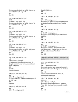 CAT94 
 
Fotografia do Conjunto Juvenil de Mateus, na
revista "O Tónio do Foguete".
PT
Cx. 016
AMVR/ALM/D/B/01/08/2125
1955
(115 x 177 mm); papel; p/b
Fotografia do Conjunto Juvenil de Mateus, na
revista "O Tónio do Foguete".
PT
Cx. 016
AMVR/ALM/D/B/01/08/2126
1955
(113 x 179 mm); papel; p/b.
Fotografia do Conjunto Juvenil de Mateus, na
revista "O Tónio do Foguete".
PT
Cx. 016
AMVR/ALM/D/B/01/08/2128
1955
(113 x 179 mm); papel; p/b.
Fotografia do Conjunto Juvenil de Mateus na
revista "O Tónio do Foguete".
PT
Cx. 016
AMVR/ALM/D/B/01/08/2219
s/d
(76 x 82 mm); papel; p/b.
A banda do Regimento de Infantaria nº 13,
dirigida mestre Manuel Freitas, a caminho de
Parda de Cunhos.
PT
Cx. 016
Álbum vermelho
AMVR/ALM/D/B/01/08/2220
s/d
(88 x 131 mm); papel; p/b.
A Banda de Musica do Grupo de Adueiros nº 24
de Vila Real.
PT
Cx. 016
AMVR/ALM/D/B/01/08/2223
s/d
(85 x 116 mm); papel; p/b.
Rancho folclórico.
PT
Cx. 016
AMVR/ALM/D/B/01/08/3116
s/d
(90 x 139mm); papel; p/b.
Fotografia dos atores que realizaram a primeira
peça teatral escrita por Achilles de Almeida.
PT
Cx. 021
AMVR/ALM/D/B/01/08/3131
s/d
(119 x 179 mm); papel; p/b.
Fotografia de uma peregrinação da Juventude
Católica.
PT
Cx. 021
AMVR/ALM/D/B/01/08/3497
s/d
(179 x 238 mm); papel; p/b.
Fotografia do Orfeão Transmontano sob a
regência do padre Avelino Pinto da Silva, no
Jardim da Carreira em Vila Real.
PT
Cx. 022
SSR/09 – Fotografias relativas a instituições de
ensino
AMVR/ALM/D/B/01/09/1760
1958-09
(90 x 124 mm); papel; p/b.
Fotografia da construção da escola Industrial e
Comercial "José Júlio Rodrigues" em Vila Real.
PT
Cx. 014
Título, data e local atribuído através de
anotações no documento.
AMVR/ALM/D/B/01/09/1782
1958-09
(89 x 70 mm); papel; p/b.
Fotografia da Escola Industrial e Comercial
"José Júlio Rodrigues" em construção em Vila
Real.
PT
Cx. 014
 