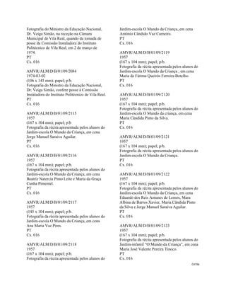 CAT96 
 
Fotografia do Ministro da Educação Nacional,
Dr. Veiga Simão, na receção na Câmara
Municipal de Vila Real, quando da tomada de
posse da Comissão Instaladora do Instituto
Politécnico de Vila Real, em 2 de março de
1974.
PT
Cx. 016
AMVR/ALM/D/B/01/09/2084
1974-03-02
(106 x 145 mm); papel; p/b.
Fotografia do Ministro da Educação Nacional,
Dr. Veiga Simão, confere posse à Comissão
Instaladora do Instituto Politécnico de Vila Real.
PT
Cx. 016
AMVR/ALM/D/B/01/09/2115
1957
(167 x 104 mm); papel; p/b
Fotografia da récita apresentada pelos alunos do
Jardim-escola O Mundo da Criança, em cena
Jorge Manuel Saraiva Aguilar.
PT
Cx. 016
AMVR/ALM/D/B/01/09/2116
1957
(167 x 104 mm); papel; p/b.
Fotografia da récita apresentada pelos alunos do
Jardim-escola O Mundo da Criança, em cena
Beatriz Natercia Pinto Leite e Maria da Graça
Cunha Pimentel.
PT
Cx. 016
AMVR/ALM/D/B/01/09/2117
1957
(145 x 104 mm); papel; p/b.
Fotografia da récita apresentada pelos alunos do
Jardim-escola O Mundo da Criança, em cena
Ana Maria Vaz Pires.
PT
Cx. 016
AMVR/ALM/D/B/01/09/2118
1957
(167 x 104 mm); papel; p/b.
Fotografia da récita apresentada pelos alunos do
Jardim-escola O Mundo da Criança, em cena
António Cândido Vaz Carneiro.
PT
Cx. 016
AMVR/ALM/D/B/01/09/2119
1957
(167 x 104 mm); papel; p/b.
Fotografia da récita apresentada pelos alunos do
Jardim-escola O Mundo da Criança , em cena
Maria de Fátima Queirós Ferreira Botelho.
PT
Cx. 016
AMVR/ALM/D/B/01/09/2120
1957
(167 x 104 mm); papel; p/b.
Fotografia da récita apresentada pelos alunos do
Jardim-escola O Mundo da criança, em cena
Maria Cândida Pinto da Silva.
PT
Cx. 016
AMVR/ALM/D/B/01/09/2121
1957
(167 x 104 mm); papel; p/b.
Fotografia da récita apresentada pelos alunos do
Jardim-escola O Mundo da Criança.
PT
Cx. 016
AMVR/ALM/D/B/01/09/2122
1957
(167 x 104 mm); papel; p/b.
Fotografia da récita apresentada pelos alunos do
Jardim-escola O Mundo da Criança, em cena
Eduardo dos Reis Antunes de Lemos, Mara
Albina de Barros Xavier, Maria Cândida Pinto
da Silva e Jorge Manuel Saraiva Aguilar.
PT
Cx. 016
AMVR/ALM/D/B/01/09/2123
1957
(167 x 104 mm); papel; p/b.
Fotografia da récita apresentada pelos alunos do
Jardim-infantil “O Mundo da Criança”, em cena
Maria José Valente Pereira Tinoco.
PT
Cx. 016
 