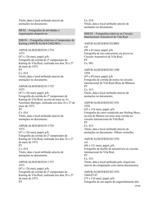CAT99 
 
Título, data e local atribuído através de
anotações no documento.
SR/02 – Fotografias de atividades e
organizações desportivas
SSR/01 – Fotografias relativas a Campeonato de
Karting (AMVR/ALM/4/2/002/001)
AMVR/ALM/D/B/02/01/1754
1973
(87 x 126 mm); papel; p/b.
Fotografia da corrida do 2º campeonato de
Karting de Vila Real, realizada nos dias 26 e 27
de maio de 1973.
PT
Cx. 014
Título, data e local atribuído através de
anotações no documento.
AMVR/ALM/D/B/02/01/1755
1973
(87 x 126 mm); papel; p/b.
Fotografia da corrida do 2º campeonato de
Karting de Vila Real, na reta da meta na Av.
Aureliano Barrigas, realizada nos dias 26 e 27 de
maio de 1973.
PT
Cx. 014
Título, data e local atribuído através de
anotações no documento.
AMVR/ALM/D/B/02/01/1756
1973
(87 x 126 mm); papel; p/b.
Fotografia da corrida do 2º campeonato de
Karting de Vila Real, realizada nos dias 26 e 27
de maio de 1973.
PT
Cx. 014
Título, data e local atribuído através de
anotações no documento.
AMVR/ALM/D/B/02/01/1757
1973
(87 x 126 mm); papel; p/b.
Fotografia da corrida do 2º campeonato de
Karting de Vila Real, realizada nos dias 26 e 27
de maio de 1973.
PT
Cx. 014
Título, data e local atribuído através de
anotações no documento.
SSR/02 – Fotografias relativas ao Circuito
Internacional Automóvel de Vila Real
AMVR/ALM/D/B/02/02/0003
s/d
(90 x 65 mm); papel; p/b.
Fotografia de um concorrente em prova no
Circuito Automóvel de Vila Real.
PT
Cx. 001
AMVR/ALM/D/B/02/02/1590
1958
(87 x 89 mm); papel; p/b.
Fotografia de corrida de motos no circuito
internacional de Vila Real (Reta de Mateus).
PT
Cx. 013
Título, data e local atribuído através de
anotações no documento.
AMVR/ALM/D/B/02/02/1591
1958
(85 x 114 mm); papel; p/b.
Fotografia do carro conduzido por Stirling Moss,
na reta de Mateus em mais uma corrida no
circuito internacional de Vila Real.
PT
Cx. 013
Título, data e local atribuído através de
anotações no documento. Álbum vermelho.
AMVR/ALM/D/B/02/02/1592
s/d
(88 x 121 mm); papel; p/b.
Fotografia de desfile de automóveis no circuito
internacional de Vila Real.
PT
Cx. 013
Título, data e local atribuído pelo Arquivista
através da comparação com outros documentos.
AMVR/ALM/D/B/02/02/1593
1968-07-07
(75 x 110 mm); papel; p/b.
Fotografia de um aspeto do engarrafamento dos
 