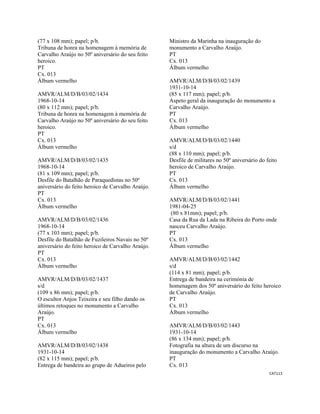 CAT113 
 
(77 x 108 mm); papel; p/b.
Tribuna de honra na homenagem à memória de
Carvalho Araújo no 50º aniversário do seu feito
heroico.
PT
Cx. 013
Álbum vermelho
AMVR/ALM/D/B/03/02/1434
1968-10-14
(80 x 112 mm); papel; p/b.
Tribuna de honra na homenagem à memória de
Carvalho Araújo no 50º aniversário do seu feito
heroico.
PT
Cx. 013
Álbum vermelho
AMVR/ALM/D/B/03/02/1435
1968-10-14
(81 x 109 mm); papel; p/b.
Desfile do Batalhão de Paraquedistas no 50º
aniversário do feito heroico de Carvalho Araújo.
PT
Cx. 013
Álbum vermelho
AMVR/ALM/D/B/03/02/1436
1968-10-14
(77 x 103 mm); papel; p/b.
Desfile do Batalhão de Fuzileiros Navais no 50º
aniversário do feito heroico de Carvalho Araújo.
PT
Cx. 013
Álbum vermelho
AMVR/ALM/D/B/03/02/1437
s/d
(109 x 86 mm); papel; p/b.
O escultor Anjos Teixeira e seu filho dando os
últimos retoques no monumento a Carvalho
Araújo.
PT
Cx. 013
Álbum vermelho
AMVR/ALM/D/B/03/02/1438
1931-10-14
(82 x 115 mm); papel; p/b.
Entrega de bandeira ao grupo de Adueiros pelo
Ministro da Marinha na inauguração do
monumento a Carvalho Araújo.
PT
Cx. 013
Álbum vermelho
AMVR/ALM/D/B/03/02/1439
1931-10-14
(85 x 117 mm); papel; p/b.
Aspeto geral da inauguração do monumento a
Carvalho Araújo.
PT
Cx. 013
Álbum vermelho
AMVR/ALM/D/B/03/02/1440
s/d
(88 x 110 mm); papel; p/b.
Desfile de militares no 50º aniversário do feito
heroico de Carvalho Araújo.
PT
Cx. 013
Álbum vermelho
AMVR/ALM/D/B/03/02/1441
1981-04-25
(80 x 81mm); papel; p/b.
Casa da Rua da Lada na Ribeira do Porto onde
nasceu Carvalho Araújo.
PT
Cx. 013
Álbum vermelho
AMVR/ALM/D/B/03/02/1442
s/d
(114 x 81 mm); papel; p/b.
Entrega de bandeira na cerimónia de
homenagem dos 50º aniversário do feito heroico
de Carvalho Araújo.
PT
Cx. 013
Álbum vermelho
AMVR/ALM/D/B/03/02/1443
1931-10-14
(86 x 134 mm); papel; p/b.
Fotografia na altura de um discurso na
inauguração do monumento a Carvalho Araújo.
PT
Cx. 013
 