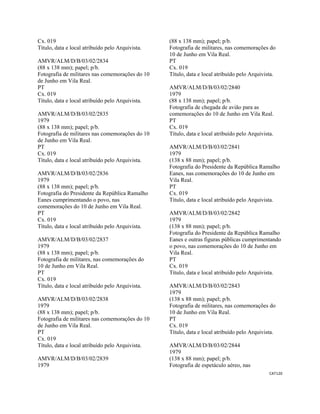 CAT120 
 
Cx. 019
Título, data e local atribuído pelo Arquivista.
AMVR/ALM/D/B/03/02/2834
(88 x 138 mm); papel; p/b.
Fotografia de militares nas comemorações do 10
de Junho em Vila Real.
PT
Cx. 019
Título, data e local atribuído pelo Arquivista.
AMVR/ALM/D/B/03/02/2835
1979
(88 x 138 mm); papel; p/b.
Fotografia de militares nas comemorações do 10
de Junho em Vila Real.
PT
Cx. 019
Título, data e local atribuído pelo Arquivista.
AMVR/ALM/D/B/03/02/2836
1979
(88 x 138 mm); papel; p/b.
Fotografia do Presidente da República Ramalho
Eanes cumprimentando o povo, nas
comemorações do 10 de Junho em Vila Real.
PT
Cx. 019
Título, data e local atribuído pelo Arquivista.
AMVR/ALM/D/B/03/02/2837
1979
(88 x 138 mm); papel; p/b.
Fotografia de militares, nas comemorações do
10 de Junho em Vila Real.
PT
Cx. 019
Título, data e local atribuído pelo Arquivista.
AMVR/ALM/D/B/03/02/2838
1979
(88 x 138 mm); papel; p/b.
Fotografia de militares nas comemorações do 10
de Junho em Vila Real.
PT
Cx. 019
Título, data e local atribuído pelo Arquivista.
AMVR/ALM/D/B/03/02/2839
1979
(88 x 138 mm); papel; p/b.
Fotografia de militares, nas comemorações do
10 de Junho em Vila Real.
PT
Cx. 019
Título, data e local atribuído pelo Arquivista.
AMVR/ALM/D/B/03/02/2840
1979
(88 x 138 mm); papel; p/b.
Fotografia de chegada de avião para as
comemorações do 10 de Junho em Vila Real.
PT
Cx. 019
Título, data e local atribuído pelo Arquivista.
AMVR/ALM/D/B/03/02/2841
1979
(138 x 88 mm); papel; p/b.
Fotografia do Presidente da República Ramalho
Eanes, nas comemorações do 10 de Junho em
Vila Real.
PT
Cx. 019
Título, data e local atribuído pelo Arquivista.
AMVR/ALM/D/B/03/02/2842
1979
(138 x 88 mm); papel; p/b.
Fotografia do Presidente da República Ramalho
Eanes e outras figuras públicas cumprimentando
o povo, nas comemorações do 10 de Junho em
Vila Real.
PT
Cx. 019
Título, data e local atribuído pelo Arquivista.
AMVR/ALM/D/B/03/02/2843
1979
(138 x 88 mm); papel; p/b.
Fotografia de militares, nas comemorações do
10 de Junho em Vila Real.
PT
Cx. 019
Título, data e local atribuído pelo Arquivista.
AMVR/ALM/D/B/03/02/2844
1979
(138 x 88 mm); papel; p/b.
Fotografia de espetáculo aéreo, nas
 