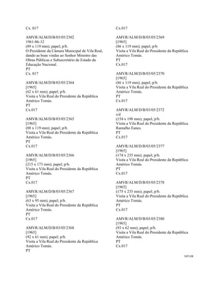 CAT128 
 
Cx. 017
AMVR/ALM/D/B/03/05/2302
1961-06-12
(89 x 119 mm); papel; p/b.
O Presidente da Câmara Municipal de Vila Real,
dando as boas vindas ao Senhor Ministro das
Obras Públicas e Subsecretário de Estado da
Educação Nacional.
PT
Cx. 017
AMVR/ALM/D/B/03/05/2364
[1965]
(62 x 61 mm); papel; p/b.
Visita a Vila Real do Presidente da República
Américo Tomás.
PT
Cx.017
AMVR/ALM/D/B/03/05/2365
[1965]
(88 x 119 mm); papel; p/b.
Visita a Vila Real do Presidente da República
Américo Tomás.
PT
Cx.017
AMVR/ALM/D/B/03/05/2366
[1965]
(215 x 173 mm); papel; p/b.
Visita a Vila Real do Presidente da República
Américo Tomás.
PT
Cx.017
AMVR/ALM/D/B/03/05/2367
[1965]
(63 x 95 mm); papel; p/b.
Visita a Vila Real do Presidente da República
Américo Tomás.
PT
Cx.017
AMVR/ALM/D/B/03/05/2368
[1965]
(92 x 61 mm); papel; p/b.
Visita a Vila Real do Presidente da República
Américo Tomás.
PT
Cx.017
AMVR/ALM/D/B/03/05/2369
[1965]
(86 x 119 mm); papel; p/b.
Visita a Vila Real do Presidente da República
Américo Tomás.
PT
Cx.017
AMVR/ALM/D/B/03/05/2370
[1965]
(86 x 119 mm); papel; p/b.
Visita a Vila Real do Presidente da República
Américo Tomás.
PT
Cx.017
AMVR/ALM/D/B/03/05/2372
s/d
(154 x 198 mm); papel; p/b.
Visita a Vila Real do Presidente da República
Ramalho Eanes.
PT
Cx.017
AMVR/ALM/D/B/03/05/2377
[1965]
(174 x 235 mm); papel; p/b.
Visita a Vila Real do Presidente da República
Américo Tomás.
PT
Cx.017
AMVR/ALM/D/B/03/05/2378
[1965]
(175 x 235 mm); papel; p/b.
Visita a Vila Real do Presidente da República
Américo Tomás.
PT
Cx.017
AMVR/ALM/D/B/03/05/2380
[1965]
(93 x 62 mm); papel; p/b.
Visita a Vila Real do Presidente da República
Américo Tomás.
PT
Cx.017
 