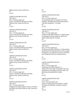 CAT130 
 
Públicas Engº Arantes de Oliveira.
PT
Cx.017
AMVR/ALM/D/B/03/05/2395
1961-06-12
(90 x 120 mm); papel; p/b.
Visita a Vila Real do Ministro das Obras
Públicas Engº Arantes de Oliveira.
PT
Cx.017
AMVR/ALM/D/B/03/05/2396
1961-06-12
(88 x 119 mm); papel; p/b.
Visita a Vila Real do Ministro das Obras
Públicas Engº Arantes de Oliveira.
PT
Cx.017
AMVR/ALM/D/B/03/05/2397
1961-06-12
(88 x 119 mm); papel; p/b.
Visita a Vila Real do Ministro das Obras
Públicas Engº Arantes de Oliveira.
PT
Cx.017
AMVR/ALM/D/B/03/05/2398
1961-06-12
(89 x 119 mm); papel; p/b.
Visita a Vila Real do Ministro das Obras
Públicas Engº Arantes de Oliveira.
PT
Cx.017
AMVR/ALM/D/B/03/05/2399
1961-06-12
(90 x 118 mm); papel; p/b.
Visita a Vila Real do Ministro das Obras
Públicas Engº Arantes de Oliveira.
PT
Cx.017
AMVR/ALM/D/B/03/05/2419
1961-06-12
(90 x 119 mm); papel; p/b.
Fotografia da sessão solene da Visita a Vila Real
do Ministro das Obras Públicas, Engº Arantes de
Oliveira.
PT
Cx.017
AMVR/ALM/D/B/03/05/2420
1961-06-12
(90 x 119 mm); papel; p/b.
Acompanhados pelo Governador Civil Pinto
Sequeira - Presidente da Câmara Municipal de
Vila Real Humberto C. Carvalho.
PT
Cx.017
AMVR/ALM/D/B/03/05/2421
1961-06-12
(90 x 119 mm); papel; p/b.
O Ministro das Obras Públicas e o Subsecretário
da Educação Nacional saindo do edifício da
Câmara Municipal de Vila Real.
PT
Cx.017
AMVR/ALM/D/B/03/05/2422
1961-06-12
(90 x 119 mm); papel; p/b.
O Ministro das Obras Públicas e o Subsecretário
da Educação Nacional passando revista à Legião
Portuguesa, na ocasião da sua visita a Vila Real,
para inaugurarem diversos melhoramentos.
PT
Cx.017
AMVR/ALM/D/B/03/05/2423
1961-06-12
(90 x 118 mm); papel; p/b.
O Ministros das Obras Publicas e o
Subsecretário de Estado da Educação Nacional,
agradecem as homenagens que lhes estão a ser
prestadas pela população da cidade.
PT
Cx.017
AMVR/ALM/D/B/03/05/2426
1971-10-30
(180 x 226 mm); papel; p/b.
Visita a Vila Real de sua Excelência o senhor
Presidente da República Almirante Américo
Tomás.
PT
Cx.017
 