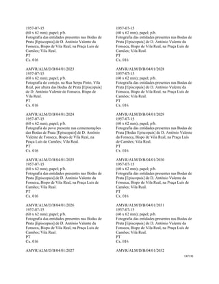 CAT135 
 
1957-07-15
(60 x 62 mm); papel; p/b.
Fotografia das entidades presentes nas Bodas de
Prata [Episcopais] de D. António Valente da
Fonseca, Bispo de Vila Real, na Praça Luís de
Camões; Vila Real.
PT
Cx. 016
AMVR/ALM/D/B/04/01/2023
1957-07-15
(60 x 62 mm); papel; p/b.
Fotografia do cortejo, na Rua Serpa Pinto, Vila
Real, por altura das Bodas de Prata [Episcopais]
de D. António Valente de Fonseca, Bispo de
Vila Real.
PT
Cx. 016
AMVR/ALM/D/B/04/01/2024
1957-07-15
(60 x 62 mm); papel; p/b.
Fotografia do povo presente nas comemorações
das Bodas de Prata [Episcopais] de D. António
Valente de Fonseca, Bispo de Vila Real, na
Praça Luís de Camões; Vila Real.
PT
Cx. 016
AMVR/ALM/D/B/04/01/2025
1957-07-15
(60 x 62 mm); papel; p/b.
Fotografia das entidades presentes nas Bodas de
Prata [Episcopais] de D. António Valente da
Fonseca, Bispo de Vila Real, na Praça Luís de
Camões; Vila Real.
PT
Cx. 016
AMVR/ALM/D/B/04/01/2026
1957-07-15
(60 x 62 mm); papel; p/b.
Fotografia das entidades presentes nas Bodas de
Prata [Episcopais] de D. António Valente da
Fonseca, Bispo de Vila Real, na Praça Luís de
Camões; Vila Real.
PT
Cx. 016
AMVR/ALM/D/B/04/01/2027
1957-07-15
(60 x 62 mm); papel; p/b.
Fotografia das entidades presentes nas Bodas de
Prata [Episcopais] de D. António Valente da
Fonseca, Bispo de Vila Real, na Praça Luís de
Camões; Vila Real.
PT
Cx. 016
AMVR/ALM/D/B/04/01/2028
1957-07-15
(60 x 62 mm); papel; p/b.
Fotografia das entidades presentes nas Bodas de
Prata [Episcopais] de D. António Valente da
Fonseca, Bispo de Vila Real, na Praça Luís de
Camões; Vila Real.
PT
Cx. 016
AMVR/ALM/D/B/04/01/2029
1957-07-15
(60 x 62 mm); papel; p/b.
Fotografia das entidades presentes nas Bodas de
Prata [Bodas Episcopais] de D. António Valente
da Fonseca, Bispo de Vila Real, na Praça Luís
de Camões; Vila Real.
PT
Cx. 016
AMVR/ALM/D/B/04/01/2030
1957-07-15
(60 x 62 mm); papel; p/b.
Fotografia das entidades presentes nas Bodas de
Prata [Episcopais] de D. António Valente da
Fonseca, Bispo de Vila Real, na Praça Luís de
Camões; Vila Real.
PT
Cx. 016
AMVR/ALM/D/B/04/01/2031
1957-07-15
(60 x 62 mm); papel; p/b.
Fotografia das entidades presentes nas Bodas de
Prata [Episcopais] de D. António Valente da
Fonseca, Bispo de Vila Real, na Praça Luís de
Camões; Vila Real.
PT
Cx. 016
AMVR/ALM/D/B/04/01/2032
 