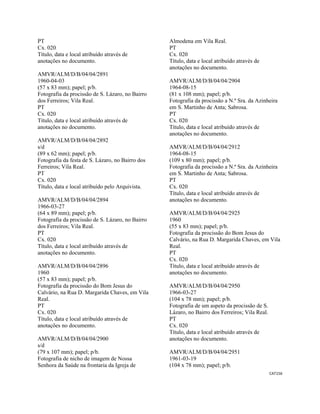 CAT156 
 
PT
Cx. 020
Título, data e local atribuído através de
anotações no documento.
AMVR/ALM/D/B/04/04/2891
1960-04-03
(57 x 83 mm); papel; p/b.
Fotografia da procissão de S. Lázaro, no Bairro
dos Ferreiros; Vila Real.
PT
Cx. 020
Título, data e local atribuído através de
anotações no documento.
AMVR/ALM/D/B/04/04/2892
s/d
(89 x 62 mm); papel; p/b.
Fotografia da festa de S. Lázaro, no Bairro dos
Ferreiros; Vila Real.
PT
Cx. 020
Título, data e local atribuído pelo Arquivista.
AMVR/ALM/D/B/04/04/2894
1966-03-27
(64 x 89 mm); papel; p/b.
Fotografia da procissão de S. Lázaro, no Bairro
dos Ferreiros; Vila Real.
PT
Cx. 020
Título, data e local atribuído através de
anotações no documento.
AMVR/ALM/D/B/04/04/2896
1960
(57 x 83 mm); papel; p/b.
Fotografia da procissão do Bom Jesus do
Calvário, na Rua D. Margarida Chaves, em Vila
Real.
PT
Cx. 020
Título, data e local atribuído através de
anotações no documento.
AMVR/ALM/D/B/04/04/2900
s/d
(79 x 107 mm); papel; p/b.
Fotografia de nicho de imagem de Nossa
Senhora da Saúde na frontaria da Igreja de
Almodena em Vila Real.
PT
Cx. 020
Título, data e local atribuído através de
anotações no documento.
AMVR/ALM/D/B/04/04/2904
1964-08-15
(81 x 108 mm); papel; p/b.
Fotografia da procissão a N.ª Sra. da Azinheira
em S. Martinho de Anta; Sabrosa.
PT
Cx. 020
Título, data e local atribuído através de
anotações no documento.
AMVR/ALM/D/B/04/04/2912
1964-08-15
(109 x 80 mm); papel; p/b.
Fotografia da procissão a N.ª Sra. da Azinheira
em S. Martinho de Anta; Sabrosa.
PT
Cx. 020
Título, data e local atribuído através de
anotações no documento.
AMVR/ALM/D/B/04/04/2925
1960
(55 x 83 mm); papel; p/b.
Fotografia da procissão do Bom Jesus do
Calvário, na Rua D. Margarida Chaves, em Vila
Real.
PT
Cx. 020
Título, data e local atribuído através de
anotações no documento.
AMVR/ALM/D/B/04/04/2950
1966-03-27
(104 x 78 mm); papel; p/b.
Fotografia de um aspeto da procissão de S.
Lázaro, no Bairro dos Ferreiros; Vila Real.
PT
Cx. 020
Título, data e local atribuído através de
anotações no documento.
AMVR/ALM/D/B/04/04/2951
1961-03-19
(104 x 78 mm); papel; p/b.
 