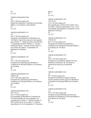 CAT159 
 
PT
Cx. 012
AMVR/ALM/D/B/05/1308
s/d
(238 x 180 mm); papel; p/b.
Quartel dos Bombeiros Voluntários de Salvação
Pública e Cruz Branca na Rua Direita.
PT
Cx. 012
AMVR/ALM/D/B/05/1311
s/d
(146 x 104 mm); papel; p/b.
Fotografia com dirigentes dos Bombeiros de
Vila Real e inspetor da zona norte: da esquerda
para a direita: 1 - Alberto Ferreira Almeida Neto
- Comandante dos BVS. Pública; 2 - Coronel
Serafim de Morais - Inspetor da Zona Norte; 3 -
César Pinto dos Santos - Comandante dos
Bombeiros Voluntários.
PT
Cx. 012
AMVR/ALM/D/B/05/1315
s/d
(173 x 239 mm); papel; p/b.
Fotografia da Corporação dos Bombeiros
Voluntários de Salvação Pública e Cruz Branca
de Vila Real.
PT
Cx. 012
AMVR/ALM/D/B/05/1316
1950-01-06
(179 x 234 mm); papel; p/b.
Fotografia da Corporação dos Bombeiros
Voluntários de Salvação Pública e Cruz Branca
de Vila Real.
PT
Cx. 012
AMVR/ALM/D/B/05/1323
1971-01-01
(85 x 118 mm); papel; p/b.
O Comandante do Bombeiros Voluntários de
Vila Real, ladeado dos seus graduados. Da
esquerda para a direita: 1º- António Guedes; 2º-
Félix Emílio Alves de Carvalho; 3º- António
Jorge Barreiro Vaz (Comandante); 4º- Francisco
Barros.
PT
Cx. 012
AMVR/ALM/D/B/05/1324
1971-01-01
(118 x 86 mm); papel; p/b.
Da esquerda para a direita: Félix Emílio Alves
Carvalho e António Jorge Barreiro Vaz, o novo
Comandante dos Bombeiros Voluntários e Cruz
Branca de Vila Real.
PT
Cx. 012
AMVR/ALM/D/B/05/1332
1970-01-01
(82 x 115 mm); papel; p/b.
Fotografia da Fanfarra dos Bombeiros
Voluntários de Vila Real de Salvação Pública e
Cruz Branca de Vila Real.
PT
Cx. 012
AMVR/ALM/D/B/05/1333
s/d
(109 x 174 mm); papel; p/b.
Fotografia do comandante Alberto Neto dos
Bombeiros Voluntários de Vila Real em
momento de discursar em efeméride.
PT
Cx. 012
AMVR/ALM/D/B/05/1336
s/d
(81 x 56 mm); papel; p/b.
Fotografia do Bombeiro Joaquim Antunes
Ferreira quando assentou praça nos Bombeiros
Voluntários de Salvação Pública de Vila Real.
PT
Cx. 012
AMVR/ALM/D/B/05/1339
s/d
(110 x 175 mm); papel; p/b.
Fotografia de personalidades presentes em
efeméride dos Bombeiros de Salvação Pública e
Cruz Branca de Vila Real.
PT
Cx. 012
 