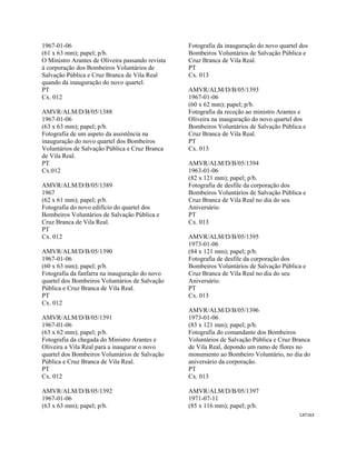 CAT163 
 
1967-01-06
(61 x 63 mm); papel; p/b.
O Ministro Arantes de Oliveira passando revista
à corporação dos Bombeiros Voluntários de
Salvação Pública e Cruz Branca de Vila Real
quando da inauguração do novo quartel.
PT
Cx. 012
AMVR/ALM/D/B/05/1388
1967-01-06
(63 x 63 mm); papel; p/b.
Fotografia de um aspeto da assistência na
inauguração do novo quartel dos Bombeiros
Voluntários de Salvação Pública e Cruz Branca
de Vila Real.
PT
Cx.012
AMVR/ALM/D/B/05/1389
1967
(62 x 61 mm); papel; p/b.
Fotografia do novo edifício do quartel dos
Bombeiros Voluntários de Salvação Pública e
Cruz Branca de Vila Real.
PT
Cx. 012
AMVR/ALM/D/B/05/1390
1967-01-06
(60 x 63 mm); papel; p/b.
Fotografia da fanfarra na inauguração do novo
quartel dos Bombeiros Voluntários de Salvação
Pública e Cruz Branca de Vila Real.
PT
Cx. 012
AMVR/ALM/D/B/05/1391
1967-01-06
(63 x 62 mm); papel; p/b.
Fotografia da chegada do Ministro Arantes e
Oliveira a Vila Real para a inaugurar o novo
quartel dos Bombeiros Voluntários de Salvação
Pública e Cruz Branca de Vila Real.
PT
Cx. 012
AMVR/ALM/D/B/05/1392
1967-01-06
(63 x 63 mm); papel; p/b.
Fotografia da inauguração do novo quartel dos
Bombeiros Voluntários de Salvação Pública e
Cruz Branca de Vila Real.
PT
Cx. 013
AMVR/ALM/D/B/05/1393
1967-01-06
(60 x 62 mm); papel; p/b.
Fotografia da receção ao ministro Arantes e
Oliveira na inauguração do novo quartel dos
Bombeiros Voluntários de Salvação Pública e
Cruz Branca de Vila Real.
PT
Cx. 013
AMVR/ALM/D/B/05/1394
1963-01-06
(82 x 121 mm); papel; p/b.
Fotografia de desfile da corporação dos
Bombeiros Voluntários de Salvação Pública e
Cruz Branca de Vila Real no dia do seu
Aniversário.
PT
Cx. 013
AMVR/ALM/D/B/05/1395
1973-01-06
(84 x 121 mm); papel; p/b.
Fotografia de desfile da corporação dos
Bombeiros Voluntários de Salvação Pública e
Cruz Branca de Vila Real no dia do seu
Aniversário.
PT
Cx. 013
AMVR/ALM/D/B/05/1396
1973-01-06
(83 x 121 mm); papel; p/b.
Fotografia do comandante dos Bombeiros
Voluntários de Salvação Pública e Cruz Branca
de Vila Real, depondo um ramo de flores no
monumento ao Bombeiro Voluntário, no dia do
aniversário da corporação.
PT
Cx. 013
AMVR/ALM/D/B/05/1397
1971-07-11
(85 x 116 mm); papel; p/b.
 