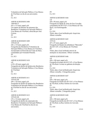 CAT165 
 
Voluntários de Salvação Pública e Cruz Branca
de Vila Real, no dia do seu aniversário.
PT
Cx. 013
AMVR/ALM/D/B/05/1408
1969-08-31
(83 x 115 mm); papel; p/b.
Um aspeto do batismo da automaca dos
Bombeiros Voluntários de Salvação Pública e
Cruz Branca de Vila Real, oferecida por José
Correia.
PT
Cx. 013
AMVR/ALM/D/B/05/1409
1970-05-28
(86 x 119 mm); papel; p/b.
Fotografia dos Bombeiros Voluntários de
Salvação Pública e Cruz Branca de Vila Real ,
incorporados na Procissão do Corpo de Deus,
comandados por Fernando Pimenta.
PT
Cx. 013
AMVR/ALM/D/B/05/1410
s/d
(139 x 89 mm); papel; p/b.
Fotografia de desfile da fanfarra dos Bombeiros
Voluntários de Salvação Pública e Cruz Branca
de Vila Real.
PT
Cx. 013
AMVR/ALM/D/B/05/1411
1974-01-06
(89 x 126 mm); papel; p/b.
Fotografia de desfile da fanfarra dos Bombeiros
Voluntários de Salvação Pública e Cruz Branca
de Vila Real no dia do seu aniversário.
PT
Cx. 013
AMVR/ALM/D/B/05/1412
1974-01-06
(76 x 116 mm); papel; p/b.
Fotografia de desfile da corporação dos
Bombeiros Voluntários de Salvação Pública e
Cruz Branca de Vila Real no dia do seu
aniversário.
PT
Cx. 013
AMVR/ALM/D/B/05/1644
s/d
(60 x 89 mm); papel; p/b.
Fotografia de lápide de Artur da Eira Carvalho
comandante dos B.V.S.P. e Cruz Branca de Vila
Real, a ser homenageado.
PT
Cx. 014
Título, data e local atribuído pelo Arquivista.
Álbum vermelho.
AMVR/ALM/D/B/05/1645
1975-01
(87 x 87 mm); papel; p/b.
Fotografia da bênção da ambulância "Mercedes"
dos B.V.S.P. e Cruz Branca de Vila Real.
PT
Título, data e local atribuído através de
anotações no documento. Álbum vermelho.
AMVR/ALM/D/B/05/1646
s/d
(60 x 180 mm); papel; p/b.
Fotografia de grupo dos B.V.S.P. e Cruz Branca
de Vila Real e evento no gabinete da direção.
PT
Cx. 014
Título, data e local atribuído pelo Arquivista.
Álbum vermelho. 2 fotografias juntas.
AMVR/ALM/D/B/05/1647
s/d
(60 x 180 mm); papel; p/b.
Fotografia de desfile dos B.V.S.P. e Cruz Branca
de Vila Real, na Rua António de Azevedo.
PT
Cx. 014
Título, data e local atribuído pelo Arquivista.
Álbum vermelho. 2 fotografias juntas.
AMVR/ALM/D/B/05/1648
s/d
(60 x 180 mm); papel; p/b.
Fotografia de desfile dos B.V.S.P. e Cruz Branca
de Vila Real, na Rua António de Azevedo.
PT
Cx. 014
 