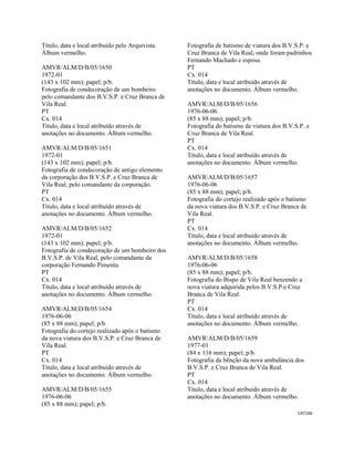 CAT166 
 
Título, data e local atribuído pelo Arquivista.
Álbum vermelho.
AMVR/ALM/D/B/05/1650
1972-01
(143 x 102 mm); papel; p/b.
Fotografia de condecoração de um bombeiro
pelo comandante dos B.V.S.P. e Cruz Branca de
Vila Real.
PT
Cx. 014
Título, data e local atribuído através de
anotações no documento. Álbum vermelho.
AMVR/ALM/D/B/05/1651
1972-01
(143 x 102 mm); papel; p/b.
Fotografia de condecoração de antigo elemento
da corporação dos B.V.S.P. e Cruz Branca de
Vila Real, pelo comandante da corporação.
PT
Cx. 014
Título, data e local atribuído através de
anotações no documento. Álbum vermelho.
AMVR/ALM/D/B/05/1652
1972-01
(143 x 102 mm); papel; p/b.
Fotografia de condecoração de um bombeiro dos
B.V.S.P. de Vila Real, pelo comandante da
corporação Fernando Pimenta.
PT
Cx. 014
Título, data e local atribuído através de
anotações no documento. Álbum vermelho.
AMVR/ALM/D/B/05/1654
1976-06-06
(85 x 88 mm); papel; p/b.
Fotografia do cortejo realizado após o batismo
da nova viatura dos B.V.S.P. e Cruz Branca de
Vila Real.
PT
Cx. 014
Título, data e local atribuído através de
anotações no documento. Álbum vermelho.
AMVR/ALM/D/B/05/1655
1976-06-06
(85 x 88 mm); papel; p/b.
Fotografia de batismo de viatura dos B.V.S.P. e
Cruz Branca de Vila Real, onde foram padrinhos
Fernando Machado e esposa.
PT
Cx. 014
Título, data e local atribuído através de
anotações no documento. Álbum vermelho.
AMVR/ALM/D/B/05/1656
1976-06-06
(85 x 88 mm); papel; p/b.
Fotografia do batismo de viatura dos B.V.S.P. e
Cruz Branca de Vila Real.
PT
Cx. 014
Título, data e local atribuído através de
anotações no documento. Álbum vermelho.
AMVR/ALM/D/B/05/1657
1976-06-06
(85 x 88 mm); papel; p/b.
Fotografia do cortejo realizado após o batismo
da nova viatura dos B.V.S.P. e Cruz Branca de
Vila Real.
PT
Cx. 014
Título, data e local atribuído através de
anotações no documento. Álbum vermelho.
AMVR/ALM/D/B/05/1658
1976-06-06
(85 x 88 mm); papel; p/b.
Fotografia do Bispo de Vila Real benzendo a
nova viatura adquirida pelos B.V.S.P.e Cruz
Branca de Vila Real.
PT
Cx. 014
Título, data e local atribuído através de
anotações no documento. Álbum vermelho.
AMVR/ALM/D/B/05/1659
1977-01
(84 x 116 mm); papel; p/b.
Fotografia da bênção da nova ambulância dos
B.V.S.P. e Cruz Branca de Vila Real.
PT
Cx. 014
Título, data e local atribuído através de
anotações no documento. Álbum vermelho.
 