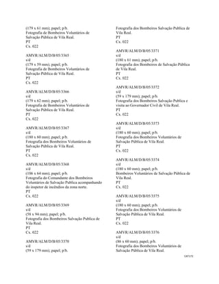 CAT172 
 
(179 x 61 mm); papel; p/b.
Fotografia de Bombeiros Voluntários de
Salvação Pública de Vila Real.
PT
Cx. 022
AMVR/ALM/D/B/05/3365
s/d
(179 x 59 mm); papel; p/b.
Fotografia de Bombeiros Voluntários de
Salvação Pública de Vila Real.
PT
Cx. 022
AMVR/ALM/D/B/05/3366
s/d
(179 x 62 mm); papel; p/b.
Fotografia de Bombeiros Voluntários de
Salvação Pública de Vila Real.
PT
Cx. 022
AMVR/ALM/D/B/05/3367
s/d
(180 x 60 mm); papel; p/b.
Fotografia dos Bombeiros Voluntários de
Salvação Pública de Vila Real.
PT
Cx. 022
AMVR/ALM/D/B/05/3368
s/d
(106 x 64 mm); papel; p/b.
Fotografia do Comandante dos Bombeiros
Voluntários de Salvação Publica acompanhando
do inspetor de incêndios da zona norte.
PT
Cx. 022
AMVR/ALM/D/B/05/3369
s/d
(58 x 94 mm); papel; p/b.
Fotografia dos Bombeiros Salvação Publica de
Vila Real.
PT
Cx. 022
AMVR/ALM/D/B/05/3370
s/d
(59 x 179 mm); papel; p/b.
Fotografia dos Bombeiros Salvação Publica de
Vila Real.
PT
Cx. 022
AMVR/ALM/D/B/05/3371
s/d
(180 x 61 mm); papel; p/b.
Fotografia dos Bombeiros de Salvação Pública
de Vila Real.
PT
Cx. 022
AMVR/ALM/D/B/05/3372
s/d
(59 x 179 mm); papel; p/b.
Fotografia dos Bombeiros Salvação Publica e
visita ao Governador Civil de Vila Real.
PT
Cx. 022
AMVR/ALM/D/B/05/3373
s/d
(180 x 60 mm); papel; p/b.
Fotografia dos Bombeiros Voluntários de
Salvação Pública de Vila Real.
PT
Cx. 022
AMVR/ALM/D/B/05/3374
s/d
(180 x 60 mm); papel; p/b.
Bombeiros Voluntários de Salvação Pública de
Vila Real.
PT
Cx. 022
AMVR/ALM/D/B/05/3375
s/d
(180 x 60 mm); papel; p/b.
Fotografia dos Bombeiros Voluntários de
Salvação Pública de Vila Real.
PT
Cx. 022
AMVR/ALM/D/B/05/3376
s/d
(86 x 60 mm); papel; p/b.
Fotografia dos Bombeiros Voluntários de
Salvação Pública de Vila Real.
 