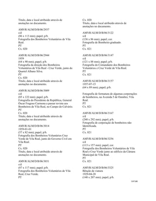 CAT180 
 
Título, data e local atribuído através de
anotações no documento.
AMVR/ALM/D/B/06/2937
s/d
(86 x 113 mm); papel; p/b.
Fotografia dos Bombeiros Voluntários de Vila
Real.
PT
Cx. 020
AMVR/ALM/D/B/06/2944
1959
(64 x 90 mm); papel; p/b.
Fotografia da direção dos Bombeiros
Voluntários de Vila Real - Cruz Verde, junto do
Quartel Albano Silva.
PT
Cx. 020
Título, data e local atribuído através de
anotações no documento.
AMVR/ALM/D/B/06/3009
s/d
(85 x 122 mm); papel; p/b.
Fotografia do Presidente da República, General
Óscar Fragoso Carmona a passar revista aos
Bombeiros de Vila Real, no Campo do Calvário.
PT
Cx. 020
Título, data e local atribuído através de
anotações no documento.
AMVR/ALM/D/B/06/3014
1959-01-01
(57 x 82 mm); papel; p/b.
Fotografia dos Bombeiros Voluntários Cruz
Verde de Vila Real, junto do Governo Civil em
Vila Real.
PT
Cx. 020
Título, data e local atribuído através de
anotações no documento.
AMVR/ALM/D/B/06/3031
s/d
(87 x 117 mm); papel; p/b.
Fotografia dos Bombeiros Voluntários de Vila
Real, Cruz Verde.
PT
Cx. 020
Título, data e local atribuído através de
anotações no documento.
AMVR/ALM/D/B/06/3122
s/d
(136 x 86 mm); papel; cor.
Fotografia de Bombeiro graduado.
PT
Cx. 021
AMVR/ALM/D/B/06/3147
s/d
(121 x 88 mm); papel; p/b.
Fotografia do Comandante dos Bombeiros
Voluntários e Cruz Verde de Vila Real.
PT
Cx. 021
AMVR/ALM/D/B/06/3157
1957-07-15
(64 x 89 mm); papel; p/b.
Fotografia de formatura de algumas corporações
de bombeiros, na Avenida 5 de Outubro; Vila
Real.
PT
Cx. 021
AMVR/ALM/D/B/06/3167
s/d
(240 x 292 mm); papel; p/b.
Fotografia de corporação de bombeiros não
Identificada.
PT
Cx. 021
AMVR/ALM/D/B/06/3256
s/d
(113 x 157 mm); papel; cor.
Fotografia dos Bombeiros Voluntários de Vila
Real e Cruz Verde junto ao edifício da Câmara
Municipal de Vila Real.
PT
Cx. 021
AMVR/ALM/D/B/06/3325
Bênção de viatura
1929-04-28
(140 x 207 mm); papel; p/b.
 