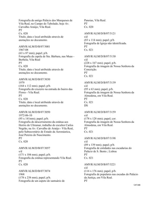 CAT188 
 
Fotografia do antigo Palácio dos Marqueses de
Vila Real, no Campo do Tabolado, hoje Av.
Carvalho Araújo; Vila Real.
PT
Cx. 020
Título, data e local atribuído através de
anotações no documento.
AMVR/ALM/D/B/07/3001
1967-08
(63 x 87 mm); papel; p/b.
Fotografia da capela de Sta. Bárbara, nas Muas -
Borbela; Vila Real
PT
Cx. 020
Título, data e local atribuído através de
anotações no documento.
AMVR/ALM/D/B/07/3030
1979
(164 x 112 mm); papel; p/b.
Fotografia do cruzeiro na entrada do bairro das
Flores - Vila Real.
PT
Cx. 020
Título, data e local atribuído através de
anotações no documento.
AMVR/ALM/D/B/07/3050
1972-06-10
(95 x 141mm); papel; p/b.
Fotografia do descerramento da estátua aos
Heróis do Ultramar, trabalho do escultor Carlos
Negrão, na Av. Carvalho de Araújo - Vila Real,
pelo Subsecretário de Estado da Aeronáutica,
José Pereira do Nascimento.
PT
Cx. 020
AMVR/ALM/D/B/07/3057
s/d
(171 x 104 mm); papel; p/b.
Fotografia da estátua representando Vila Real.
PT
Cx. 020
AMVR/ALM/D/B/07/3074
1968
(178 x 238 mm); papel; p/b.
Fotografia de um aspeto do santuário de
Panoias, Vila Real.
PT
Cx. 020
AMVR/ALM/D/B/07/3121
s/d
(83 x 114 mm); papel; p/b.
Fotografia de Igreja não identificada.
PT
Cx. 021
AMVR/ALM/D/B/07/3130
s/d
(228 x 167 mm); papel; p/b.
Fotografia da imagem de Nossa Senhora da
Conceição.
PT
Cx. 021
AMVR/ALM/D/B/07/3139
s/d
(95 x 63 mm); papel; p/b.
Fotografia da imagem de Nossa Senhora da
Almodena, em Vila Real.
PT
Cx. 021
DS
AMVR/ALM/D/B/07/3159
s/d
(178 x 128 mm); papel; cor.
Fotografia da imagem de Nossa Senhora da
Almodena, em Vila Real.
PT
Cx. 021
AMVR/ALM/D/B/07/3198
s/d
(89 x 139 mm); papel; p/b.
Fotografia de entidades nas escadarias do
Palácio de S. Bento ; Lisboa
PT
Cx. 021
AMVR/ALM/D/B/07/3221
s/d
(116 x 176 mm); papel; p/b.
Fotografia de populares nas escadas do Palácio
da Justiça, em Vila Real.
PT
 