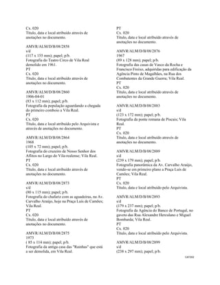 CAT202 
 
Cx. 020
Título, data e local atribuído através de
anotações no documento.
AMVR/ALM/D/B/08/2858
s/d
(117 x 155 mm); papel; p/b.
Fotografia do Teatro Circo de Vila Real
demolido em 1961.
PT
Cx. 020
Título, data e local atribuído através de
anotações no documento.
AMVR/ALM/D/B/08/2860
1906-04-01
(83 x 112 mm); papel; p/b.
Fotografia da população aguardando a chegada
do primeiro comboio a Vila Real.
PT
Cx. 020
Título, data e local atribuído pelo Arquivista e
através de anotações no documento.
AMVR/ALM/D/B/08/2864
1968
(105 x 72 mm); papel; p/b.
Fotografia do cruzeiro de Nosso Senhor dos
Aflitos no Largo do Vila-realense; Vila Real.
PT
Cx. 020
Título, data e local atribuído através de
anotações no documento.
AMVR/ALM/D/B/08/2873
s/d
(80 x 115 mm); papel; p/b.
Fotografia do chafariz com as aguadeiras, na Av.
Carvalho Araújo, hoje na Praça Luís de Camões;
Vila Real.
PT
Cx. 020
Título, data e local atribuído através de
anotações no documento.
AMVR/ALM/D/B/08/2875
1973
( 85 x 114 mm); papel; p/b.
Fotografia da antiga casa das "Rainhas" que está
a ser demolida, em Vila Real.
PT
Cx. 020
Título, data e local atribuído através de
anotações no documento.
AMVR/ALM/D/B/08/2876
1967
(89 x 128 mm); papel; p/b.
Fotografia das casas de Vasco da Rocha e
Francisco Freixo, adquiridas para edificação da
Agência Pinto de Magalhães, na Rua dos
Combatentes da Grande Guerra; Vila Real.
PT
Cx. 020
Título, data e local atribuído através de
anotações no documento.
AMVR/ALM/D/B/08/2883
s/d
(123 x 172 mm); papel; p/b.
Fotografia da ponte romana de Piscais; Vila
Real.
PT
Cx. 020
Título, data e local atribuído através de
anotações no documento.
AMVR/ALM/D/B/08/2889
s/d
(239 x 179 mm); papel; p/b.
Fotografia panorâmica da Av. Carvalho Araújo,
vendo-se em primeiro plano a Praça Luís de
Camões; Vila Real.
PT
Cx. 020
Título, data e local atribuído pelo Arquivista.
AMVR/ALM/D/B/08/2893
s/d
(179 x 237 mm); papel; p/b.
Fotografia da Agência do Banco de Portugal, no
gaveto das Rua Alexandre Herculano e Miguel
Bombarda; Vila Real.
PT
Cx. 020
Título, data e local atribuído pelo Arquivista.
AMVR/ALM/D/B/08/2899
s/d
(238 x 297 mm); papel; p/b.
 