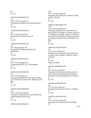 CAT209 
 
PT
Cx. 021
AMVR/ALM/D/B/08/3214
s/d
(234 x 293 mm); papel; p/b.
Fotografia da residência de guarda da floresta.
PT
Cx. 021
AMVR/ALM/D/B/08/3225
s/d
(85 x 135 mm); papel; p/b.
Fotografia de um pontão sobre rio.
PT
Cx. 021
AMVR/ALM/D/B/08/3226
s/d
(40 x 49 mm); papel; p/b.
Fotografia dum pedaço de parede não
aparelhada.
PT
Cx. 021
AMVR/ALM/D/B/08/3238
s/d
(112 x 65 mm); papel; p/b.
Fotografia parcial de Tete - Moçambique.
PT
Cx. 021
AMVR/ALM/D/B/08/3260
s/d
(44 x 32 mm); papel; p/b.
Fotografia de paisagem do rio Corgo, no lugar
das "Lavadeiras" e ponte de St.ª Margarida; Vila
Real.
PT
Cx. 021
AMVR/ALM/D/B/08/3299
s/d
(180 x 238 mm); papel; p/b.
Fotografia do lugar da Ínsua, onde a Ribeira de
Cabril desagua no Rio Corgo.
PT
Cx. 021
AMVR/ALM/D/B/08/3323
1921
(85 x 114 mm); papel; p/b.
Fotografia de um aspeto da Avenida Carvalho
Araújo; Vila Real.
PT
Cx. 022
AMVR/ALM/D/B/08/3334
1913
(118 x 88 mm); papel; p/b.
Fotografia de aguarela de Alberto Sousa, de
parte da Rua da Amargura, ao fundo a Igreja de
S. Domingos à esquerda o edifício ocupado em
parte pela União Artística Vilarealense à direita
as varandas da antiga Câmara Municipal; Vila
Real.
PT
Cx. 022
AMVR/ALM/D/B/08/3348
s/d
(78 x 82 mm); papel; p/b.
Fotografia de um aspeto do antigo Jardim das
Camélias, hoje Avenida Carvalho de Araújo;
Vila Real.
PT
Cx. 022
Álbum vermelho
AMVR/ALM/D/B/08/3356
s/d
(60 x 92 mm); papel; p/b.
Fotografia da demolição da Escola Azevedo
para a construção do Quartel dos Bombeiros
Voluntários de Salvação Publica de Vila Real.
PT
Cx. 022
AMVR/ALM/D/B/08/3381
s/d
(37 x 46 mm); papel; p/b.
Fotografia do Bairro dos Ferreiros; Vila Real.
PT
Cx. 022
AMVR/ALM/D/B/08/3383
s/d
(179 x 239 mm); papel; p/b.
Fotografia de um aspeto da Serra do Marão.
PT
 
