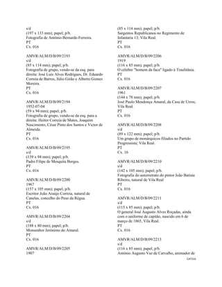 CAT216 
 
s/d
(197 x 133 mm); papel; p/b.
Fotografia de António Bernardo Ferreira.
PT
Cx. 016
AMVR/ALM/D/B/09/2193
s/d
(85 x 114 mm); papel; p/b.
Fotografia de grupo, vendo-se da esq. para
direita: José Luís Alves Rodrigues, Dr. Eduardo
Correia de Barros, Júlio Girão e Alberto Gomes
Moreira.
PT
Cx. 016
AMVR/ALM/D/B/09/2194
1952-07-04
(59 x 94 mm); papel; p/b.
Fotografia de grupo, vendo-se da esq. para a
direita: Heitor Correia de Matos, Joaquim
Nascimento, César Pinto dos Santos e Victor de
Almeida.
PT
Cx. 016
AMVR/ALM/D/B/09/2195
s/d
(139 x 94 mm); papel; p/b.
Padre Filipe de Mesquita Borges.
PT
Cx. 016
AMVR/ALM/D/B/09/2200
1967
(157 x 105 mm); papel; p/b.
Escritor João Araújo Correia, natural de
Canelas, concelho do Peso da Régua.
PT
Cx. 016
AMVR/ALM/D/B/09/2204
s/d
(188 x 80 mm); papel; p/b.
Monsenhor Jerónimo do Amaral.
PT
Cx. 016
AMVR/ALM/D/B/09/2205
1907
(85 x 114 mm); papel; p/b.
Sargentos Republicanos no Regimento de
Infantaria 13; Vila Real.
PT
Cx. 016
AMVR/ALM/D/B/09/2206
1919
(116 x 85 mm); papel; p/b.
O célebre "homem da faca" ligado à Traulitânia.
PT
Cx. 016
AMVR/ALM/D/B/09/2207
1961
(144 x 78 mm); papel; p/b.
José Paulo Mendonça Amaral, da Casa de Urros;
Vila Real.
PT
Cx. 016
AMVR/ALM/D/B/09/2208
s/d
(89 x 122 mm); papel; p/b.
Um grupo de monárquicos filiados no Partido
Progressista; Vila Real.
PT
Cx. 16
AMVR/ALM/D/B/09/2210
s/d
(142 x 105 mm); papel; p/b.
Fotografia do autorretrato do pintor João Batista
Ribeiro, natural de Vila Real
PT
Cx. 016
AMVR/ALM/D/B/09/2211
s/d
(115 x 85 mm); papel; p/b.
O general José Augusto Alves Roçadas, ainda
com o uniforme de capitão, nascido em 6 de
março de 1865, Vila Real.
PT
Cx. 016
AMVR/ALM/D/B/09/2213
s/d
(116 x 85 mm); papel; p/b.
António Augusto Vaz de Carvalho, animador de
 