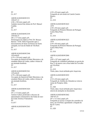 CAT218 
 
PT
Cx. 017
AMVR/ALM/D/B/09/2331
1926-07-13
(146 x 104 mm); papel; p/b.
Audição musical das alunas do Prof- Manuel
Canhão.
PT
Cx. 017
AMVR/ALM/D/B/09/2339
1958-06-15
(86 x 117 mm); papel; p/b.
Homenagem da cidade ao Prof. Dr. Bissaya
Barreto - O Dr. Otílio Figueiredo após o
descerramento do busto em bronze do ilustre
cirurgião, na Casa de Saúde de Vila Real.
PT
Cx. 017
AMVR/ALM/D/B/09/2340
1976-04-05
(179 x 239 mm); papel; p/b.
Um aspeto do funeral do Padre Maximino e da
estudante Maria de Lurdes, ambos vítimas de
um atentado bombista.
PT
Cx. 017
AMVR/ALM/D/B/09/2341
1976-04-05
(179 x 240 mm); papel; p/b.
Um aspeto do funeral do Padre Maximino e da
estudante Maria de Lurdes, ambos vítimas de
um atentado bombista.
PT
Cx. 017
AMVR/ALM/D/B/09/2424
1960
(81 x 113 mm); papel; p/b.
António Cabral, proferindo o discurso de
apresentação comemorativo das bodas de ouro
da União Artística Vilarealense.
PT
Cx.017
AMVR/ALM/D/B/09/2563
s/d
(139 x 89 mm); papel; p/b.
Fotografia de um retrato de Camilo Castelo
Branco.
PT
Cx. 018
AMVR/ALM/D/B/09/2622
1979
(138 x 88 mm); papel; p/b
Fotografia do Primeiro-Ministro de Portugal,
Carlos Mota Pinto.
PT
Cx. 018
AMVR/ALM/D/B/09/2623
1979
(139 x 88 mm); papel; p/b
Fotografia do Primeiro-Ministro de Portugal,
Carlos Mota Pinto.
PT
Cx. 018
AMVR/ALM/D/B/09/2804
s/d
(105 x 147 mm); papel; p/b.
Fotografia de vendedora ambulante no gaveto da
Rua 31 de janeiro com a Rua Isabel de Carvalho
em Vila Real.
PT
Cx. 019
Título, data e local atribuído pelo Arquivista.
AMVR/ALM/D/B/09/2852
s/d
(114 x 68 mm); papel; p/b.
Fotografia de Achilles de Almeida na visita às
ruínas de Pompeia, Itália.
PT
Cx. 020
Título, data e local atribuído pelo Arquivista e
através de anotações no documento.
AMVR/ALM/D/B/09/2862
1907-07-14
(87 x 117 mm); papel; p/b.
Fotografia no acesso à estação dos caminhos de
ferro, em Vila Real, aguardando a chegada do
Rei D. Carlos.
PT
Cx. 020
 