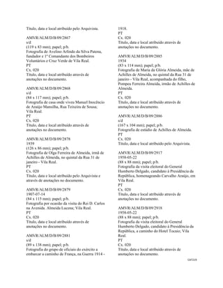 CAT219 
 
Título, data e local atribuído pelo Arquivista.
AMVR/ALM/D/B/09/2867
s/d
(119 x 83 mm); papel; p/b.
Fotografia de Avelino Arlindo da Silva Patena,
fundador e 1º Comandante dos Bombeiros
Voluntários e Cruz Verde de Vila Real.
PT
Cx. 020
Título, data e local atribuído através de
anotações no documento.
AMVR/ALM/D/B/09/2868
s/d
(84 x 117 mm); papel; p/b.
Fotografia de casa onde viveu Manuel Inocêncio
de Araújo Mansilha, Rua Teixeira de Sousa;
Vila Real.
PT
Cx. 020
Título, data e local atribuído através de
anotações no documento.
AMVR/ALM/D/B/09/2878
1939
(126 x 86 mm); papel; p/b.
Fotografia de Olga Ferreira de Almeida, irmã de
Achilles de Almeida, no quintal da Rua 31 de
janeiro - Vila Real.
PT
Cx. 020
Título, data e local atribuído pelo Arquivista e
através de anotações no documento.
AMVR/ALM/D/B/09/2879
1907-07-14
(84 x 115 mm); papel; p/b.
Fotografia por ocasião da visita do Rei D. Carlos
na Avenida. Almeida Lucena; Vila Real.
PT
Cx. 020
Título, data e local atribuído através de
anotações no documento.
AMVR/ALM/D/B/09/2881
s/d
(89 x 138 mm); papel; p/b.
Fotografia do grupo de oficiais do exército a
embarcar a caminho de França, na Guerra 1914 -
1918.
PT
Cx. 020
Título, data e local atribuído através de
anotações no documento.
AMVR/ALM/D/B/09/2885
1934
(83 x 114 mm); papel; p/b.
Fotografia de Maria da Glória Almeida, mãe de
Achilles de Almeida, no quintal da Rua 31 de
janeiro - Vila Real, acompanhada do filho,
Pompeu Ferreira Almeida, irmão de Achilles de
Almeida.
PT
Cx. 020
Título, data e local atribuído através de
anotações no documento.
AMVR/ALM/D/B/09/2886
s/d
(167 x 104 mm); papel; p/b.
Fotografia de estúdio de Achilles de Almeida.
PT
Cx. 020
Título, data e local atribuído pelo Arquivista.
AMVR/ALM/D/B/09/2917
1958-05-22
(88 x 88 mm); papel; p/b.
Fotografia da visita eleitoral do General
Humberto Delgado, candidato à Presidência da
República, homenageando Carvalho Araújo, em
Vila Real.
PT
Cx. 020
Título, data e local atribuído através de
anotações no documento.
AMVR/ALM/D/B/09/2918
1958-05-22
(88 x 88 mm); papel; p/b.
Fotografia da visita eleitoral do General
Humberto Delgado, candidato à Presidência da
República, a caminho do Hotel Tocaio; Vila
Real.
PT
Cx. 020
Título, data e local atribuído através de
anotações no documento.
 