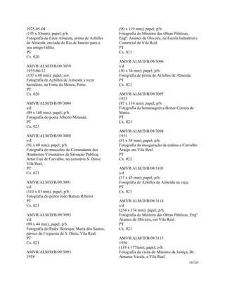 CAT223 
 
1925-05-04
(135 x 83mm); papel; p/b.
Fotografia de Ester Almeida, prima de Achilles
de Almeida, enviada do Rio de Janeiro para a
sua amiga Odília.
PT
Cx. 020
AMVR/ALM/D/B/09/3059
1955-06-12
(137 x 88 mm); papel; cor.
Fotografia de Achilles de Almeida a tocar
harmónio, na Fonte da Moura, Porto.
PT
Cx. 020
AMVR/ALM/D/B/09/3084
s/d
(09 x 160 mm); papel; p/b.
Fotografia do poeta Alberto Miranda.
PT
Cx. 021
AMVR/ALM/D/B/09/3088
s/d
(91 x 60 mm); papel; p/b.
Fotografia do mausoléu do Comandante dos
Bombeiros Voluntários de Salvação Publica,
Artur Eira de Carvalho, no cemitério S. Dinis;
Vila Real,
PT
Cx. 021
AMVR/ALM/D/B/09/3091
s/d
(110 x 83 mm); papel; p/b.
Fotografia do pintor João Batista Ribeiro.
PT
Cx. 021
AMVR/ALM/D/B/09/3092
s/d
(99 x 44 mm); papel; p/b.
Fotografia do Padre Henrique Maria dos Santos,
pároco da Freguesia de S. Dinis; Vila Real.
PT
Cx. 021
AMVR/ALM/D/B/09/3093
1958
(90 x 119 mm); papel; p/b.
Fotografia do Ministro das Obras Públicas,
Engº. Arantes de Oliveira, na Escola Industrial e
Comercial de Vila Real
PT
Cx. 021
AMVR/ALM/D/B/09/3096
s/d
(50 x 34 mm); papel; p/b.
Fotografia de prima de Achilles de Almeida.
PT
Cx. 021
AMVR/ALM/D/B/09/3097
1953
(87 x 116 mm); papel; p/b.
Fotografia da homenagem a Heitor Correia de
Matos.
PT
Cx. 021
AMVR/ALM/D/B/09/3098
1931
(81 x 54 mm); papel; p/b.
Fotografia da inauguração da estátua a Carvalho
Araújo em Vila Real.
PT
Cx. 021
AMVR/ALM/D/B/09/3103
s/d
(37 x 45 mm); papel; p/b.
Fotografia de Achilles de Almeida na caça.
PT
Cx. 021
AMVR/ALM/D/B/09/3114
s/d
(234 x 174 mm); papel; p/b.
Fotografia do Ministro das Obras Públicas, Engº
Arantes de Oliveira, em Vila Real.
PT
Cx. 021
AMVR/ALM/D/B/09/3115
1956
(118 x 177mm); papel; p/b.
Fotografia da visita do Ministro da Justiça, Dr.
Antunes Varela, a Vila Real.
 
