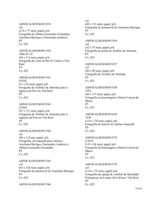 CAT232 
 
AMVR/ALM/D/B/09/3319
s/d
(119 x 77 mm); papel; p/b.
Fotografia de Albano Guimarães Fernandes,
Aureliano Barrigas e Guimarães (notário).
PT
Cx. 022
AMVR/ALM/D/B/09/3330
1906-07-14
(84 x 113 mm); papel; p/b.
Fotografia da visita do Rei D. Carlos a Vila
Real.
PT
Cx. 022
AMVR/ALM/D/B/09/3341
[1920]
(31 x 43 mm); papel; p/b.
Fotografia de Achilles de Almeida junto à
agência da Fiat em Vila Real.
PT
Cx. 022
AMVR/ALM/D/B/09/3343
[1920]
(91 x 121 mm); papel; p/b.
Fotografia de Achilles de Almeida junto à
Agência da Fiat em Vila Real.
PT
Cx. 022
AMVR/ALM/D/B/09/3344
s/d
(80 x 119 mm; papel; p/b.
Fotografia, da esquerda para a direita :
Aureliano Barrigas, Guimarães ( notário) e
Albano Guimarães Fernandes.
PT
Cx. 022
AMVR/ALM/D/B/09/3345
s/d
(83 x 124 mm); papel; p/b.
Fotografia de automóvel de Aureliano Barrigas.
PT
Cx. 022
AMVR/ALM/D/B/09/3346
s/d
(80 x 131 mm); papel; p/b.
Fotografia de automóvel de Aureliano Barrigas.
PT
Cx. 022
AMVR/ALM/D/B/09/3354
s/d
(52 x 35 mm); papel; p/b.
Fotografia de prima de Achilles de Almeida.
PT
Cx. 022
AMVR/ALM/D/B/09/3357
s/d
(60 x 90 mm); papel; p/b.
Fotografia de Achilles de Almeida.
PT
Cx. 022
AMVR/ALM/D/B/09/3358
1953
(88 x 117 mm); papel; p/b.
Fotografia na homenagem a Heitor Correia de
Matos.
PT
Cx. 022
AMVR/ALM/D/B/09/3359
1929
(114 x 179 mm); papel; p/b.
Fotografia do funeral de Adelino Samardã.
PT
Cx. 022
AMVR/ALM/D/B/09/3378
[1953]
(115 x 86 mm); papel; p/b.
Fotografia da homenagem a Heitor Correia de
Matos.
PT
Cx. 022
AMVR/ALM/D/B/09/3379
s/d
(114 x 175 mm); papel; p/b.
Fotografia da equipa de voleibol da Mocidade
Portuguesa, no Campo do Calvário; Vila Real.
PT
Cx. 022
 