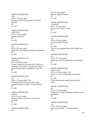 CAT6 
 
AMVR/ALM/B/05/0303
1959
(199 x 101 mm); papel.
Poema de Achilles de Almeida: "A Fita da
Semana".
PT
Cx. 003
AMVR/ALM/B/05/0366
1967-03-26
(210 x 71 mm); papel.
Poema manuscrito.
PT
Cx. 003
AMVR/ALM/B/05/0371
s/d
(159 x 203 mm); papel.
Manuscrito com algumas quadras de um poema.
PT
Cx. 003
AMVR/ALM/B/05/0379
1918-02-17
(269 x 209 mm); papel.
Poemas manuscritos da autoria de Achilles de
Almeida, com os títulos: Encanto das Gaias; A
prisão do passarinho e Saudades do meu Tio.
PT
Cx. 003
AMVR/ALM/B/05/0384
s/d
(198 x 155 mm); papel; 5 fls.
Poema para letra de música, tendo como
exemplo musical a canção "Cantiga da Rua".
PT
Cx. 003
AMVR/ALM/B/05/0385
1942-03
(99 x 185 mm); papel.
Quadras satíricas escritas no verso de um
envelope.
PT
Cx. 003
AMVR/ALM/B/05/0386
s/d
(94 x 96 mm); papel.
Parte de algumas quadras.
PT
Cx. 004
AMVR/ALM/B/05/0388
1930-08-07
(187 x 79 mm); papel.
Poema com o título "Luizão".
PT
Cx. 004
AMVR/ALM/B/05/0390
s/d
(206 x 128 mm); papel.
Texto do poema "Credo".
PT
Cx. 004
Tem no verso apontamentos relacionados com
datas.
AMVR/ALM/B/05/0421
s/d
(202 x 151 mm); papel.
Poema para letra de canção/fado à desgarrada.
PT
Cx. 004
AMVR/ALM/B/05/0422
[1925-11-01]
(275 x 154 mm); papel; 2 fls.
Texto em versos relacionado com um galo.
PT
Cx. 004
Título extraído pelo arquivista do primeiro
verso.
AMVR/ALM/B/05/0424
s/d
(222 x 141 mm); papel.
Soneto com o título: Saudação, dirigido ao povo
de Sabrosa.
PT
Cx. 004
AMVR/ALM/B/05/0425
s/d
(156 x 216 mm); papel.
Poema com o título : "O Senhor Reitor".
PT
 